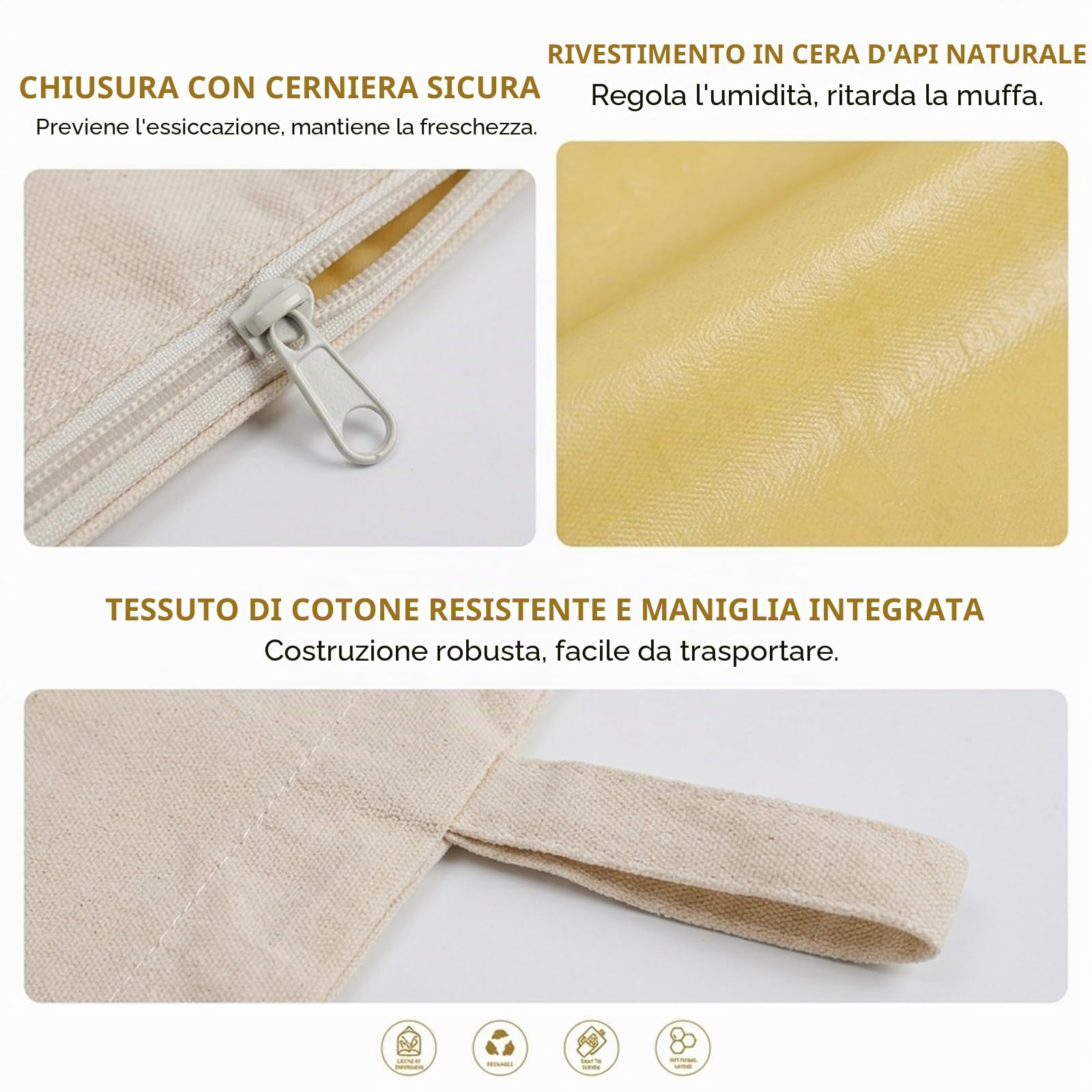 Sacchetto per Pane in Cera d‘Api, Sacchetti Riutilizzabili per Conservazione con Cerniera e Manico, Cotone Naturale per Pane Fatto in Casa e Lievito Madre (2 Pezzi, 33x43cm)