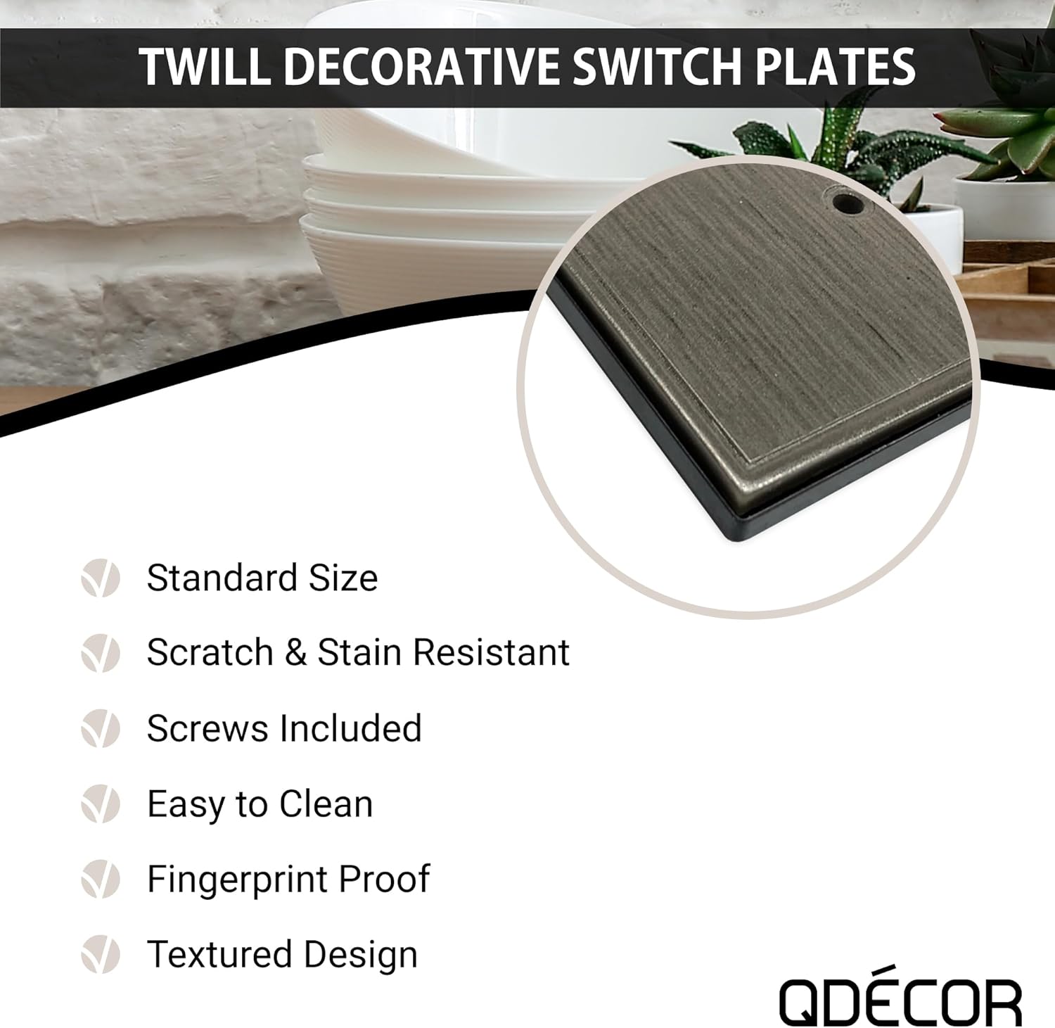 Questech Decor Double Rocker Light Switch Cover, 2-Gang Electrical Wall Plate, Double Switch Standard Size GFCI Receptacle Cover, Decorative Twill Texture, Brushed Nickel Finish