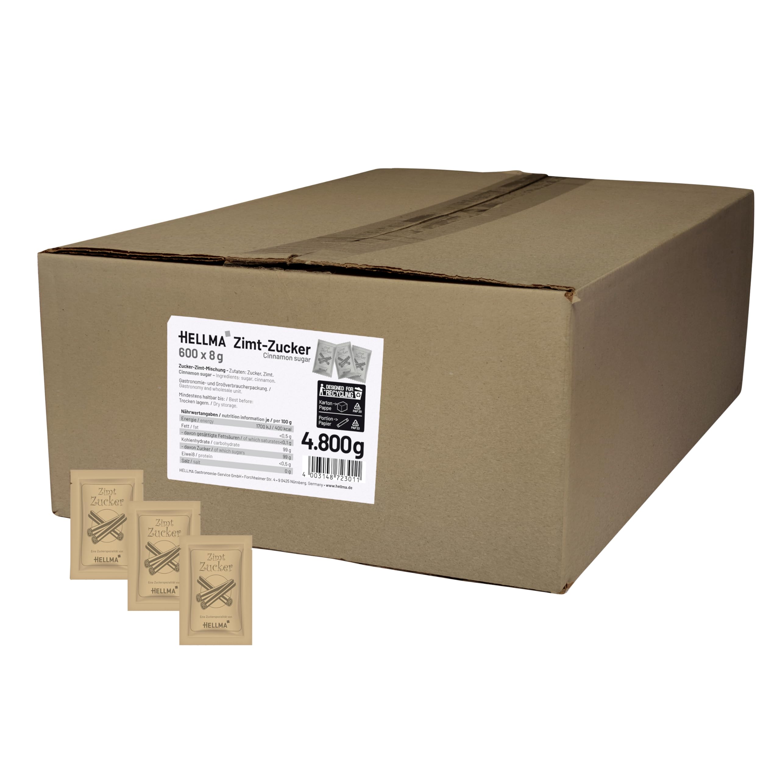 Hellma Zimt-Zucker 600 Stk. je 8 g – 4,8 kg Vorrats-Box - Zuckertütchen einzeln, für Gebäck, Kakao oder Milchspeisen