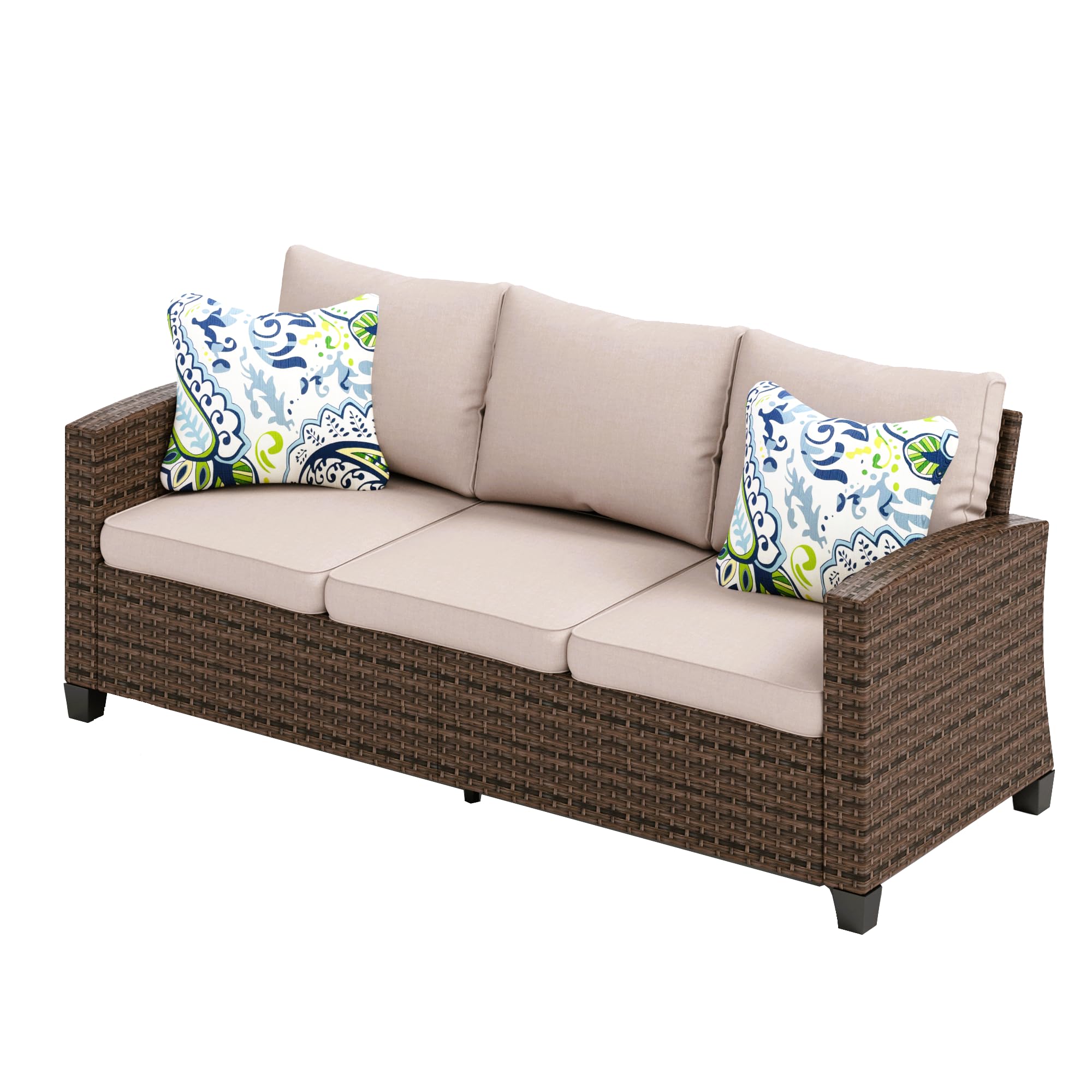 Outdoor Patio 3-seat Wicker Rattan Patio Sofa，Outdoor Brown Premium Patio Couch with 4" Thick Cushions for Garden,Lawn, Backyard,Beige