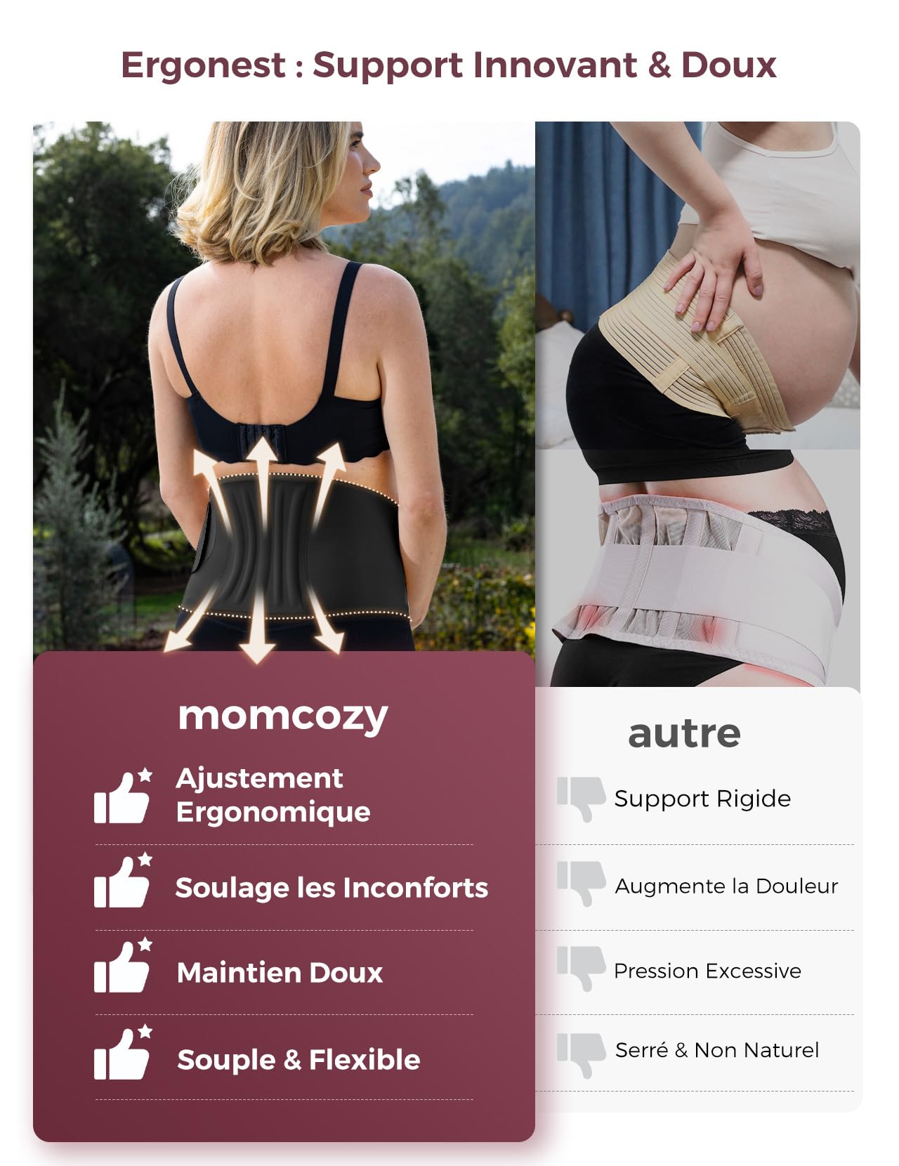 momcozy Ceinture Grossesse Femme Enceinte, Ceinture Grossesse Monobloc et Portable avec Support Dorsal Ergonest et Tissu Respirant – Ceinture de Grossesse Ajustable pour Ventre Petit, Rond ou Haut