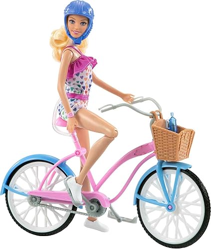 Barbie Conjunto de muñeca y bicicleta con accesorios, mameluco rubio en arco iris con bicicleta rosa y azul, casco, cesta y botella de agua