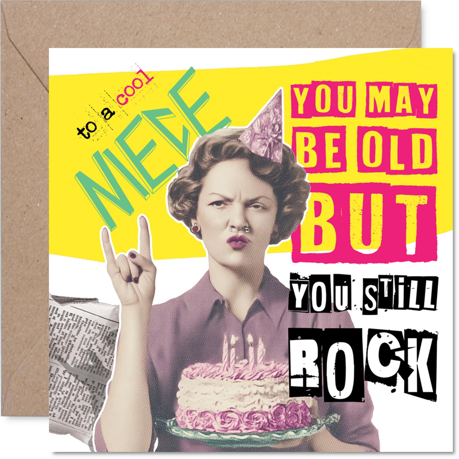 Funny Birthday Card for Niece - Vintage Party Vibes - Humorous Retro Woman with Cake and Bold Colours - A Cheeky Nod to Still Rocking It - 145mm Square, Envelope Included