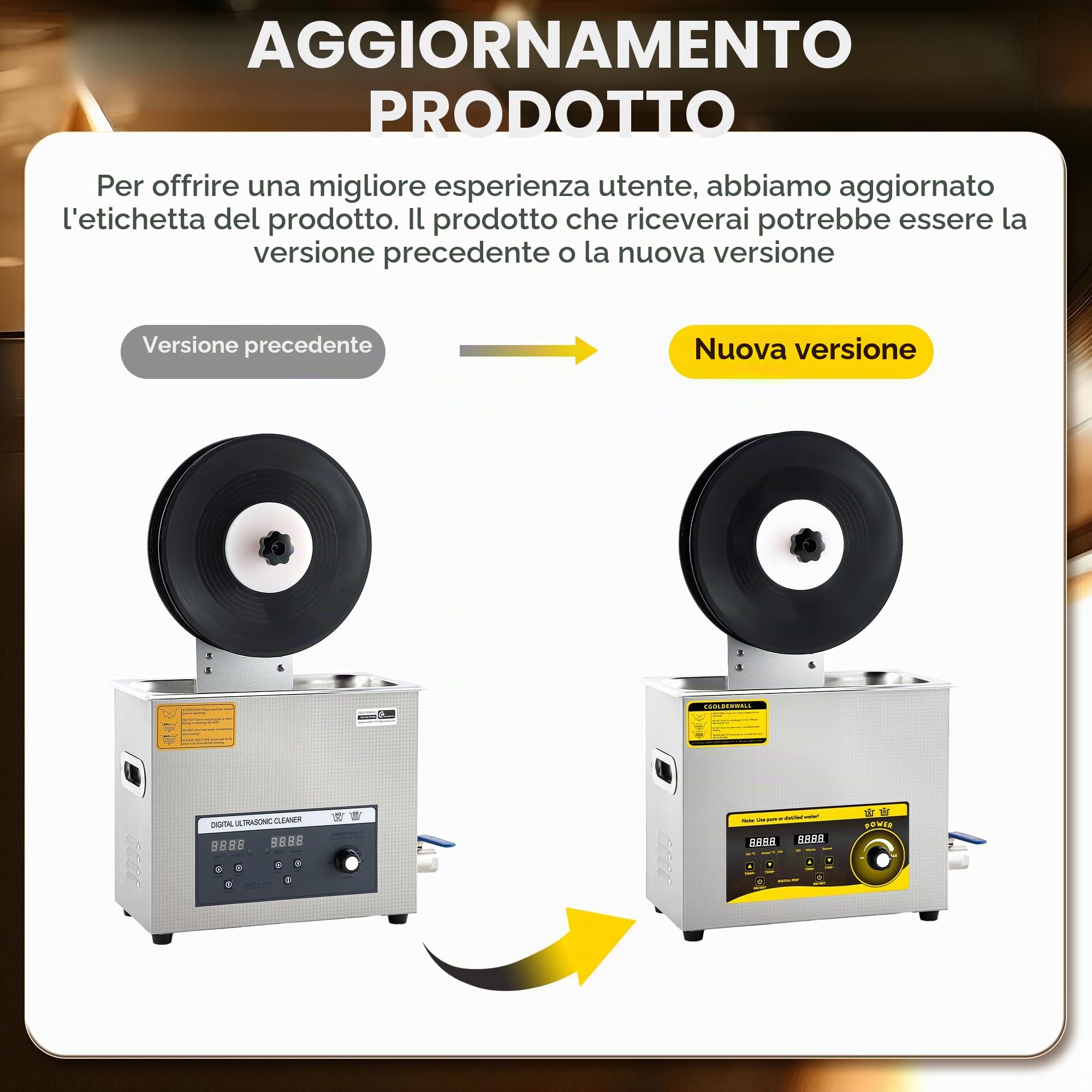 Pulitore a Ultrasuoni per Dischi in Vinile da 6L Max. 6 Dischi per Dischi da 7/10/12" - Potenza Regolabile da 70 a 180 W - Timer da 0 a 30 Minuti - Funzione di Rotazione e Riscaldamento Automatico
