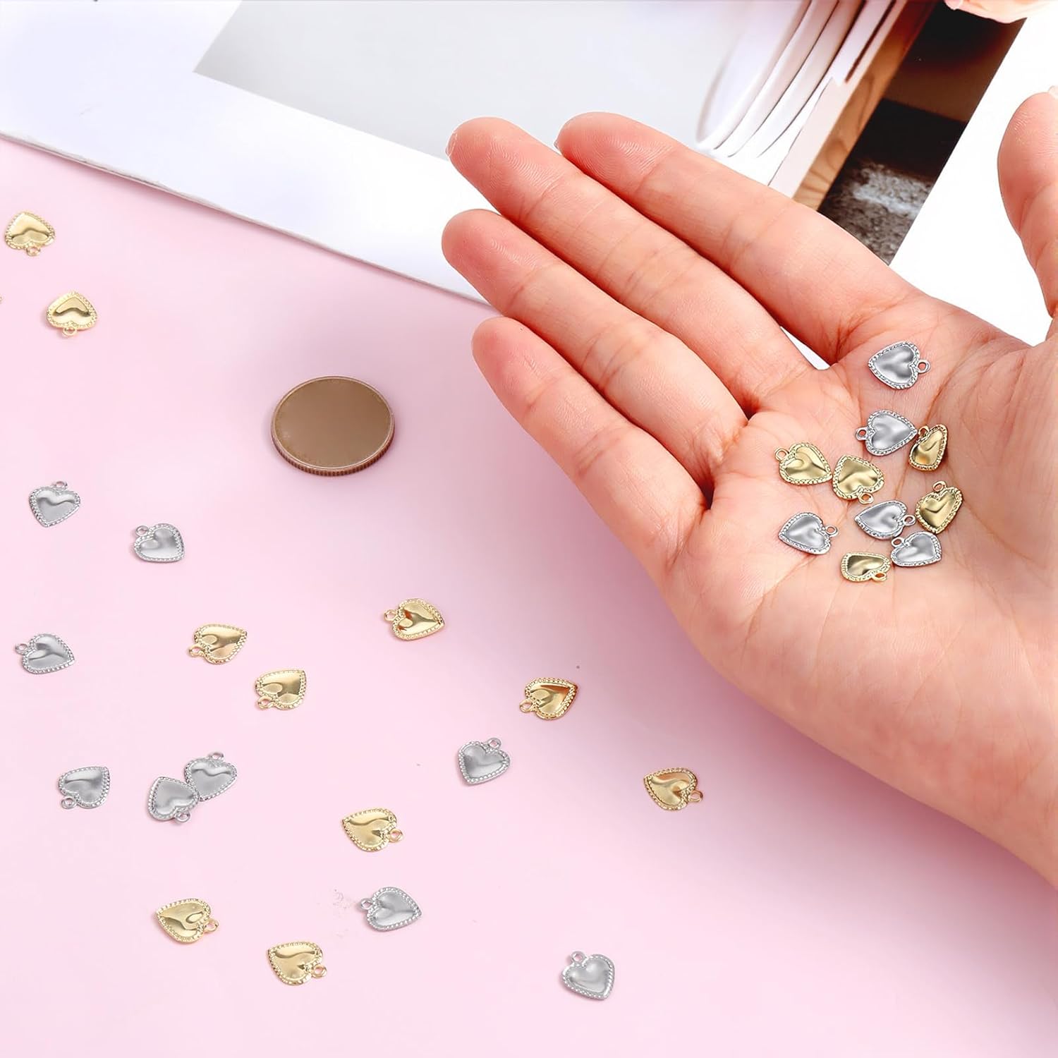 100PCS 2 Colors Tiny Heart Charms, 1mm Small Hole Mini Silver Metal Heart Charms, Valentine Love Charm, Tiny Hearts Dangle Charm for Necklace, Bracelet, Earring, Wedding & Christmas Ornaments - Image 6