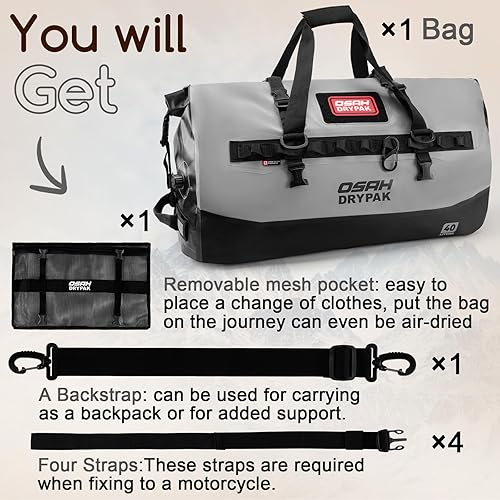 Vista 8 de Bolsa de lona impermeable 25L40L60L Bolsa trasera de motocicleta resistente, bolsa seca enrollable para viajes, camping, canotaje, kayak, aventura