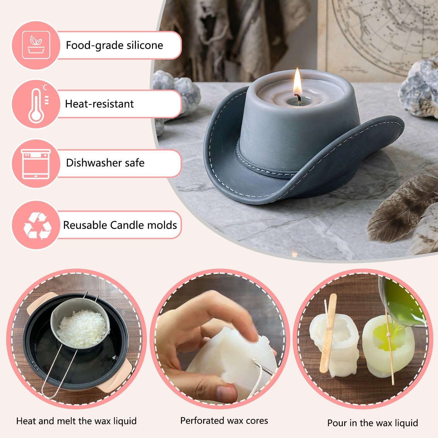 XIAOSHUI Retro Western Cowboy Hat Candle Molds Cowboy Hat Candle Silicone Mold for Candles Making Resin Casting Aromatherapy Candles Gypsum Craft Home Decorate