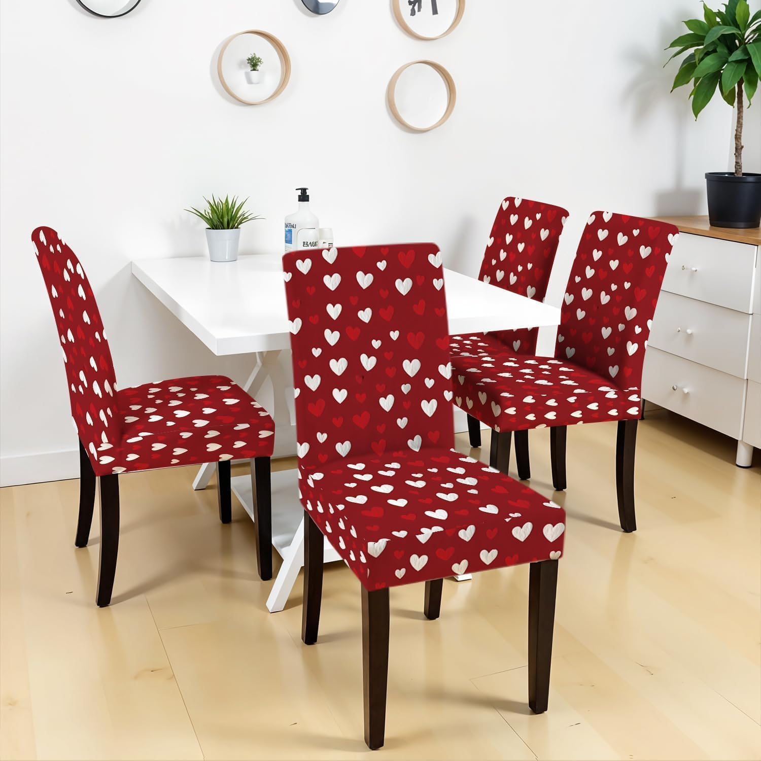 Chair Covers Set of 4, Red & White Heart Design, Stretchable Dining Chair Slipcovers, Washable and Reusable, Perfect for Valentine’s Day, Weddings, and Home Decor