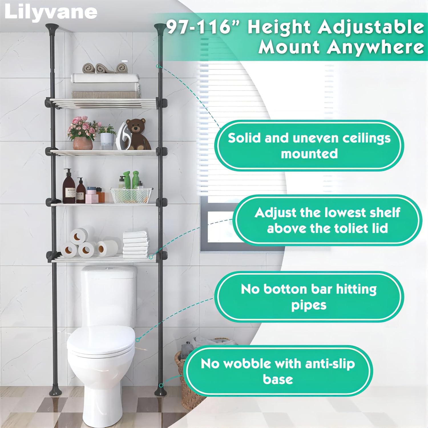 Lilyvane 4 Tiers Over Toilet Storage, 97 to116” Adjustable Tension Pole Over Toilet Bathroom Organizer, Standing Bathroom Shelves Over Toilet for Showers,Black