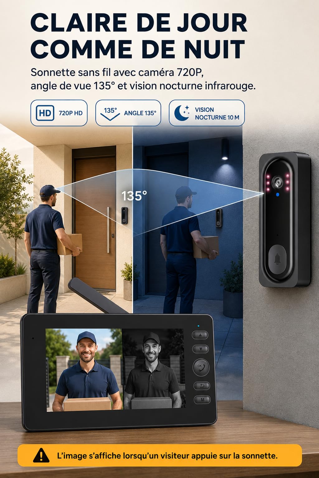 Sonnette Sans Fil Avec Caméra, 4,5" Interphone Vidéo Sans App Sans WIFI
