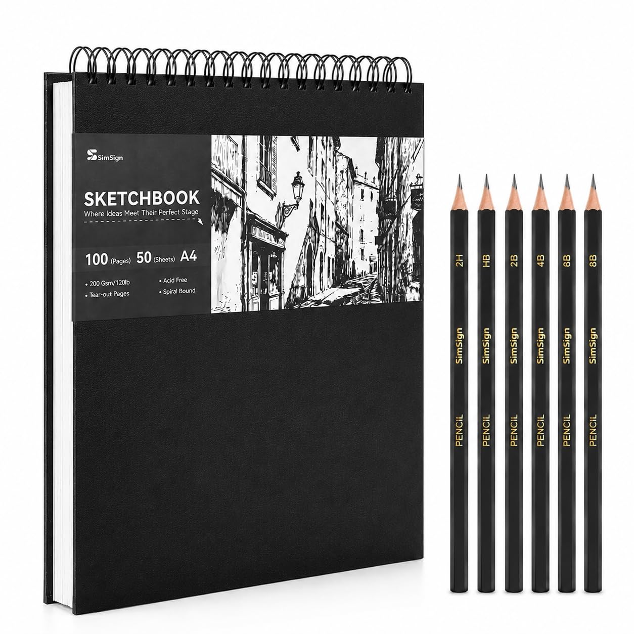 SimSign Skizzenbuch A4 mit 6 Profi-Skizzenstiften, Sketchbook mit 200g Papier, 50 Blatt/100 Seiten, Zeichenblock Spiralbindung, Hartkarton-Cover & Perforation, für Zeichnen, Sketch, Aquarell