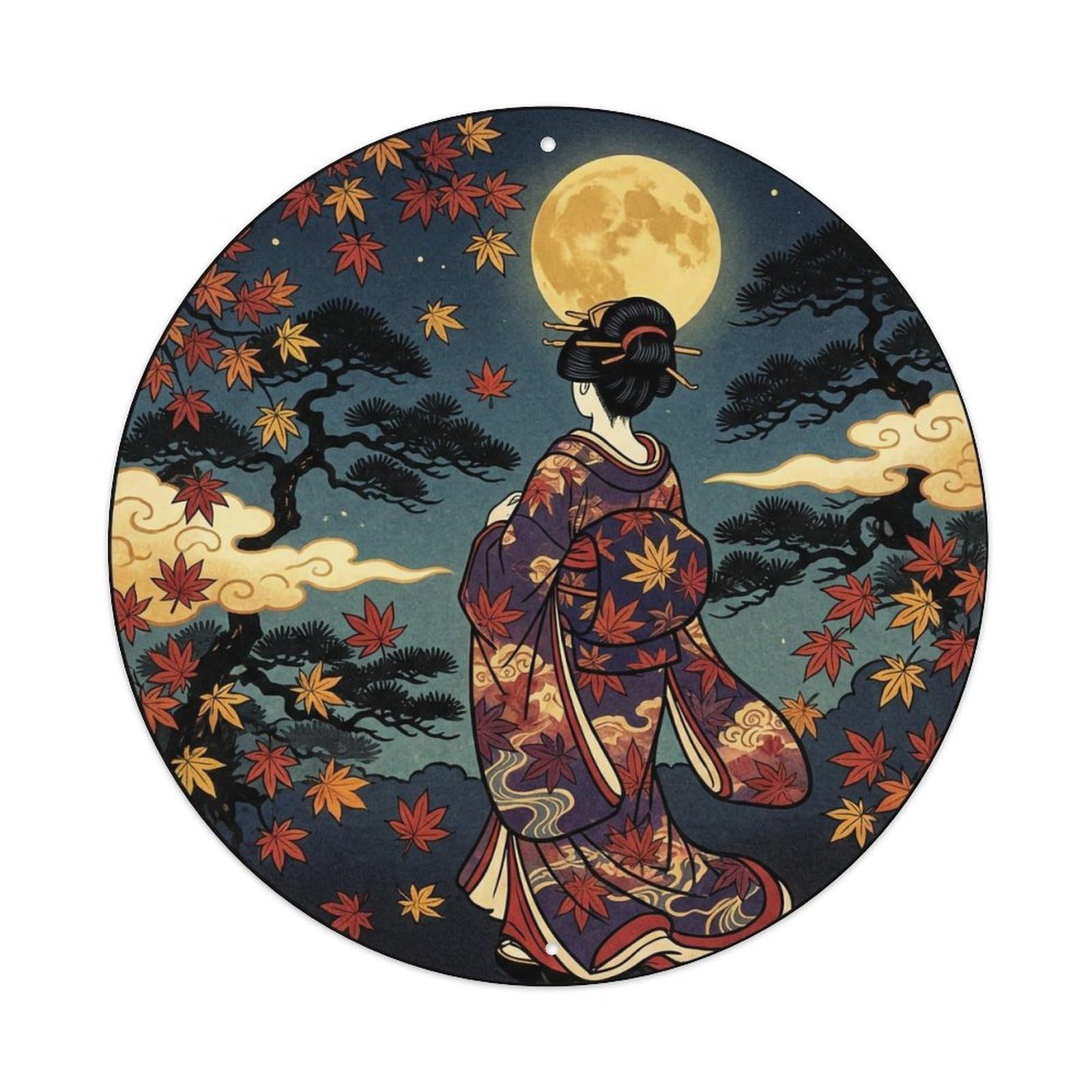 Japanese Autumn Moon Geisha Viewing Leaves Metal Tin Sign