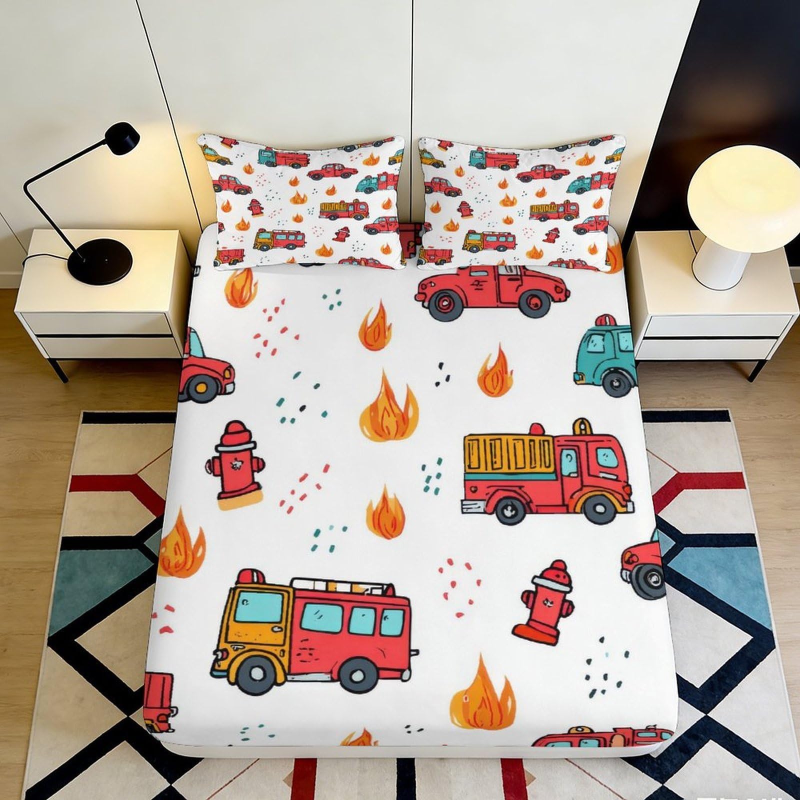 Pnayamiorkfel Style-8 3D Printed Fire Truck Fitted Sheet Microfiber Soft Flame Hydrant Mattress Cover Bedroom Dorm Home Decor 90X200x25cm