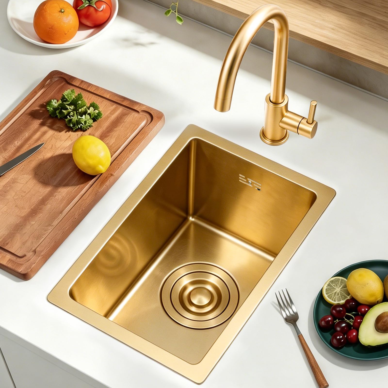 KOOGIMDDR Sink with Fitting 38 x 26 cm, Golden Modern Stainless Steel Kitchen Sink with Siphon, 1 Basin Built-in Sink, Bar Sink with Telescopic Drain Basket, Kitchen Sink — image 1