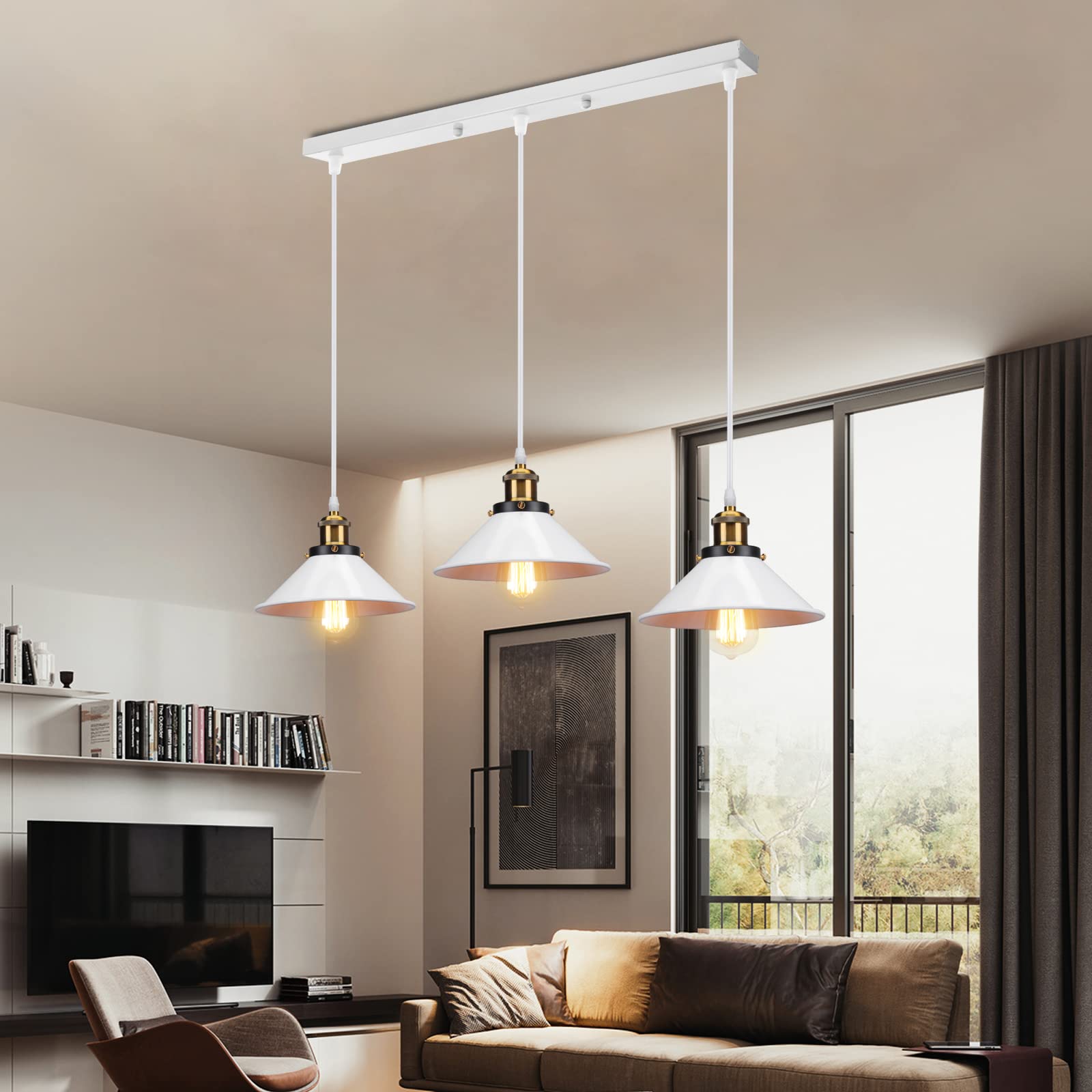 Suspension Lustre Industrielle 3 Lampes Luminaire Plafonnier Vintage Lustre Abat-Jour Ø22 cm en Métal de douille E27 Lampe Rétro pour Séjour Chambre Cuisine (Blanc,3 lampes-barre)