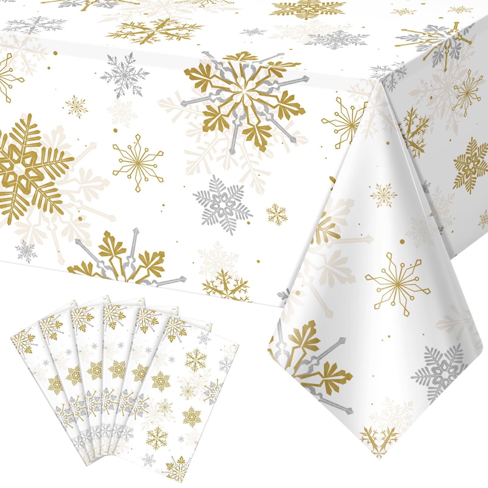 6Pcs Christmas Snowflake Party Tablecloths Decorations,Plastic White and Gold Table Cloth,Winter Rectangle Table Cover for Christmas New Year Birthday Baby Shower Holiday Party Decorations,54x108 inch