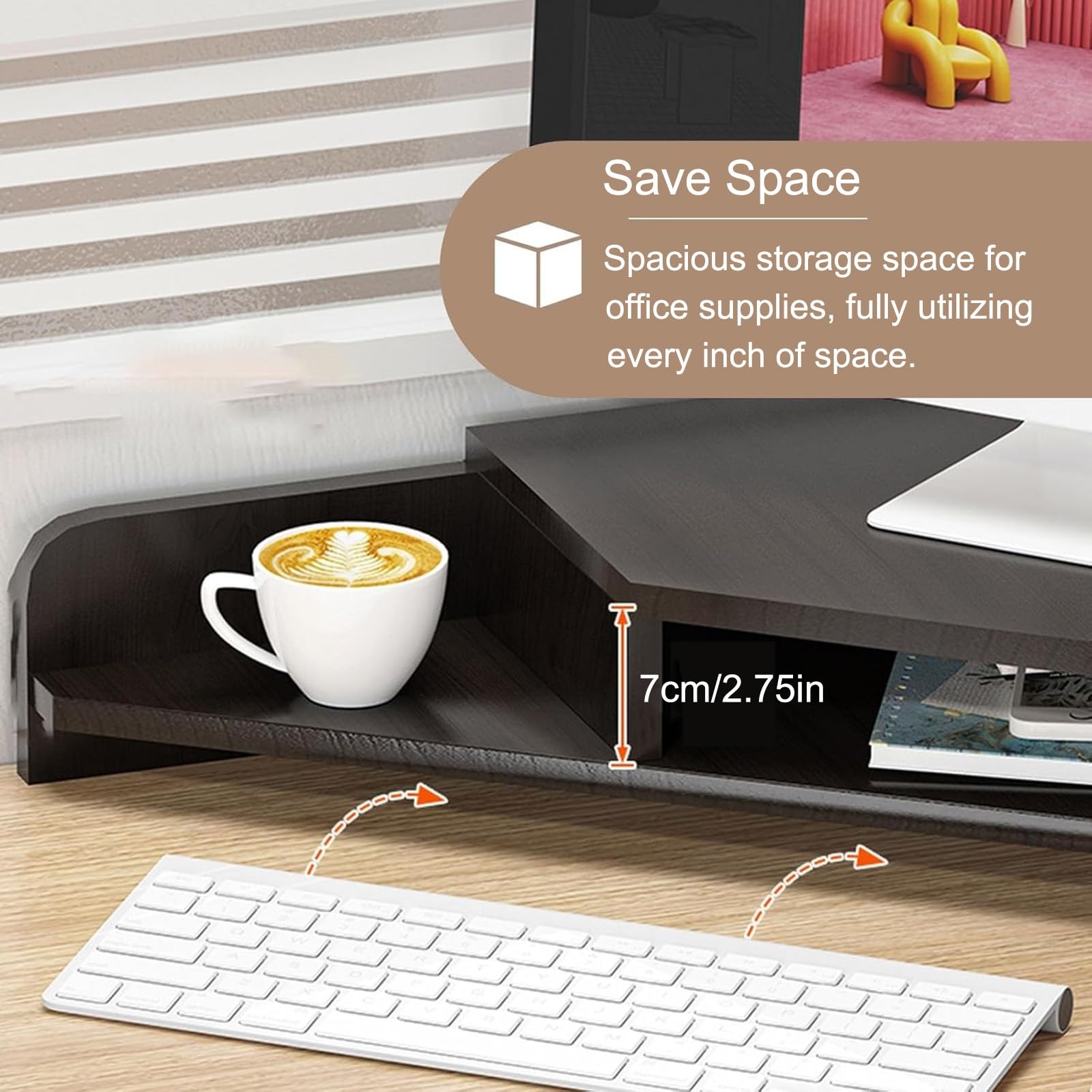 Supporto angolare ergonomico per Monitor, Rialzo da scrivania con portabicchieri e 2 Ripiani portaoggetti, Organizer salvaspazio per scrivania da Ufficio