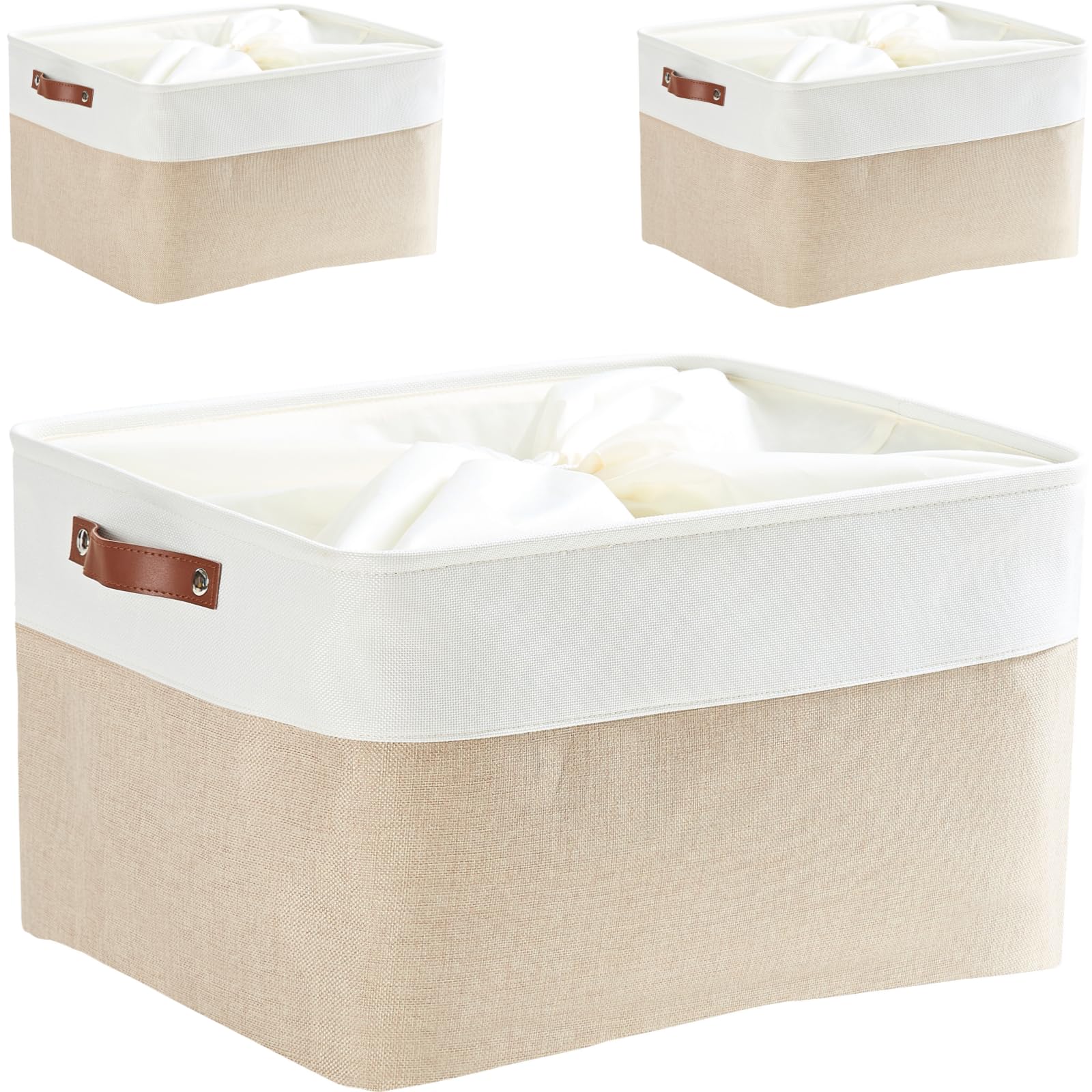 Mangata Set of 3 Storage Boxes with Drawstring, Canvas Fabric Thickened Storage Basket for Pillow, Quilt, Shelf (XLarge, Light Khaki/White)