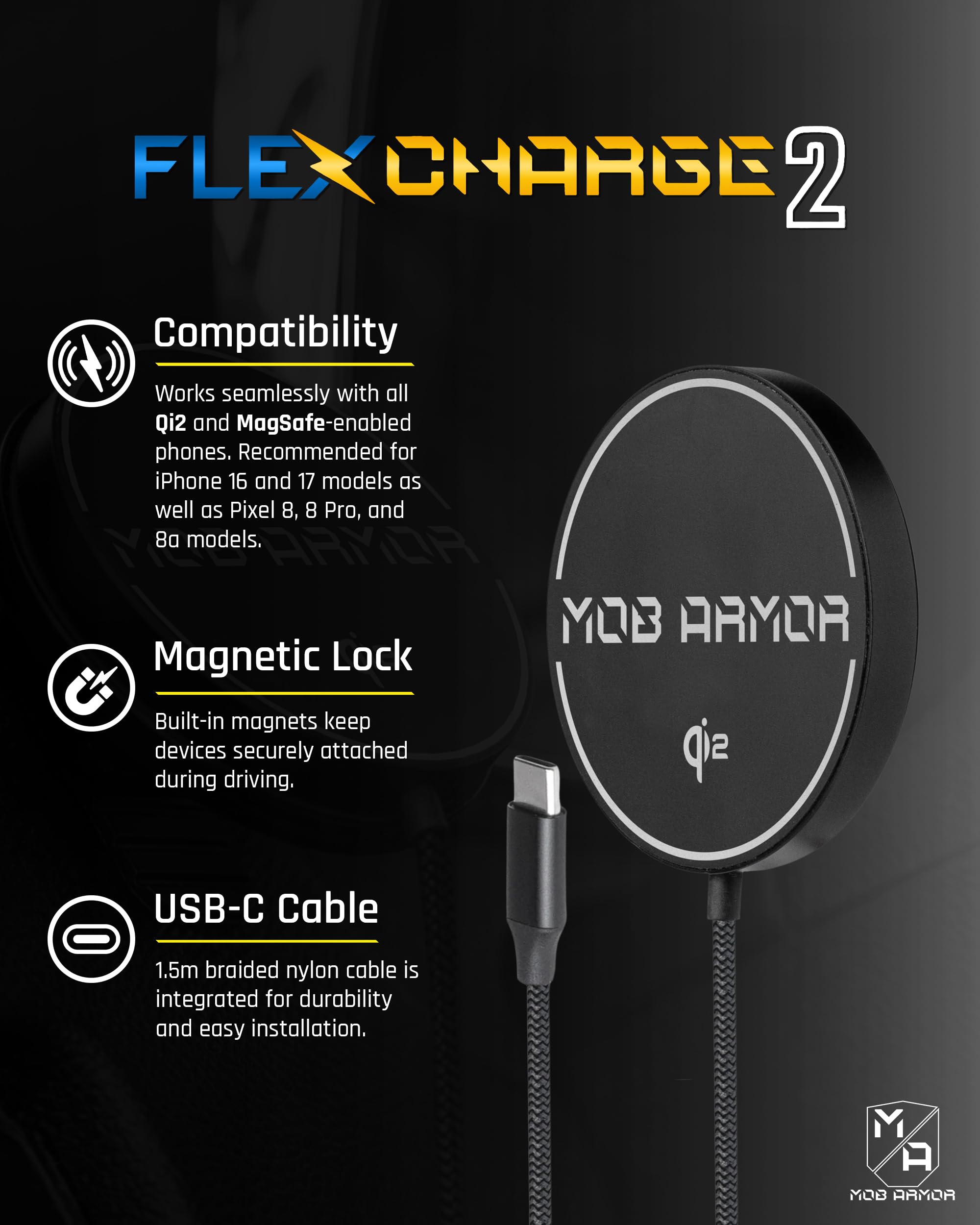Mob Armor Flex Charge 2 – Qi2 & Magnet Caricatore per auto, stazione di ricarica wireless per iPhone e Android
