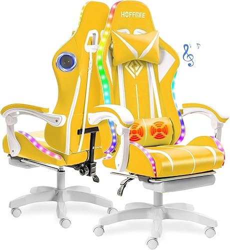 Miniatura 8 de Silla de juegos con altavoces Bluetooth y luces LED RGB, silla ergonómica de masaje para computadora con reposapiés, respaldo alto, silla de