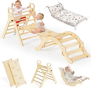 BlueWood Pikler Triangle Set with Cushion, 8-in-1 Climbing Toys for Toddlers, Montessori Philosophy Play Jungle Gym with Arch, Ramp, Ladder(Natural Wood)