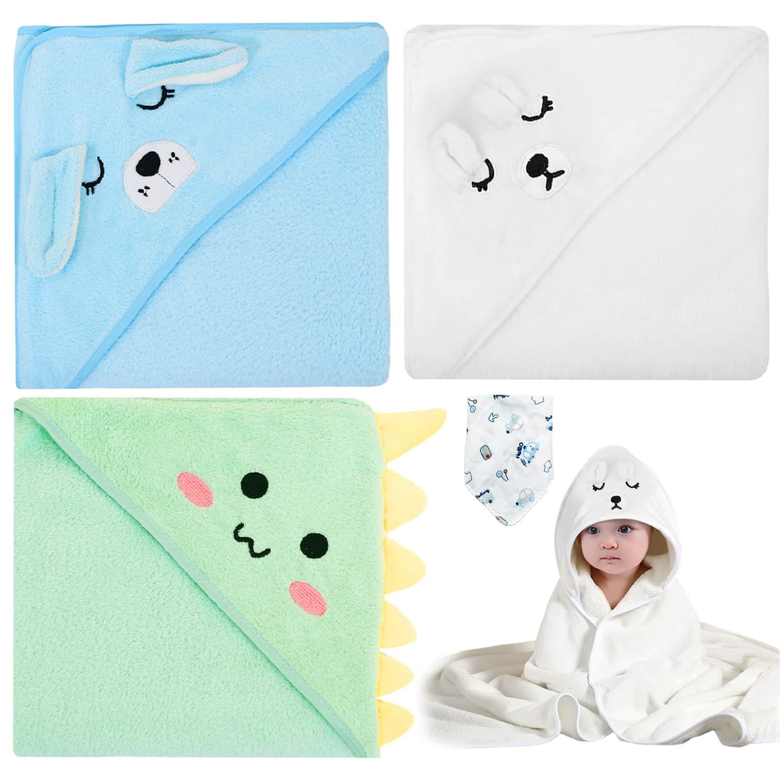 3Pcs Hooded Baby Towel Set - 80x80cm Ultra Soft Baby Bath Towels with Washcloth, Cute Animal Design,Comfortable Absorbent Hooded Toddler Towel Girl Boy for Bath Time, Outings, Play, Swimming, Beach