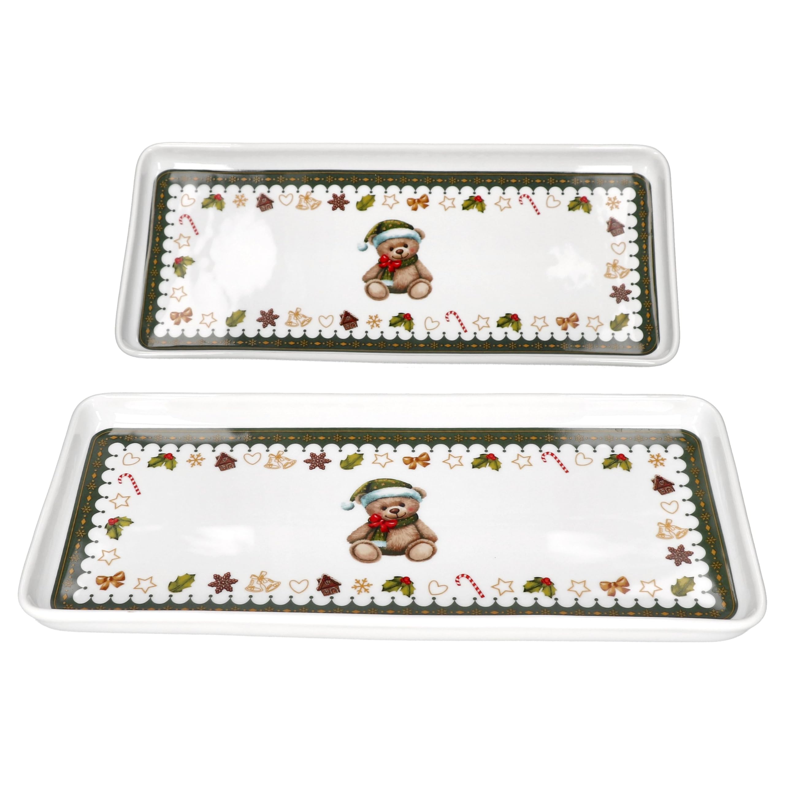 MamboCat Friend Zestaw 2 talerzy na ciasto prostokątne 35 x 15,5 cm | talerze bożonarodzeniowe z porcelany z misiem, domek z piernika itp. | na ciasteczka i wypieki
