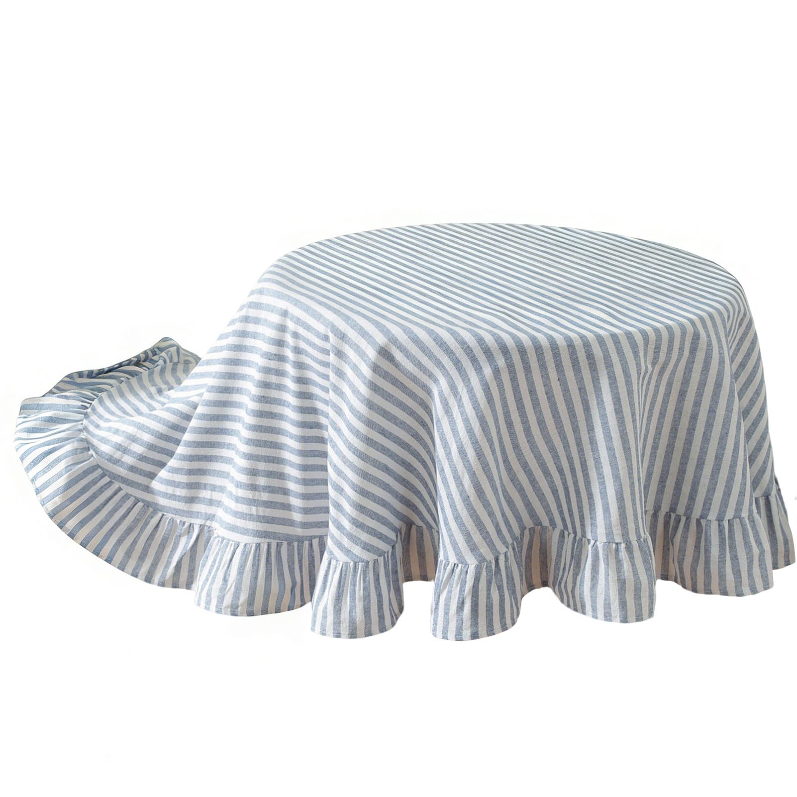 rismart Ruffle Square Linen Table Cloth Cover Tablecloth for Tabletop Desk Adornment Blue Stripes 140 x 260 cm