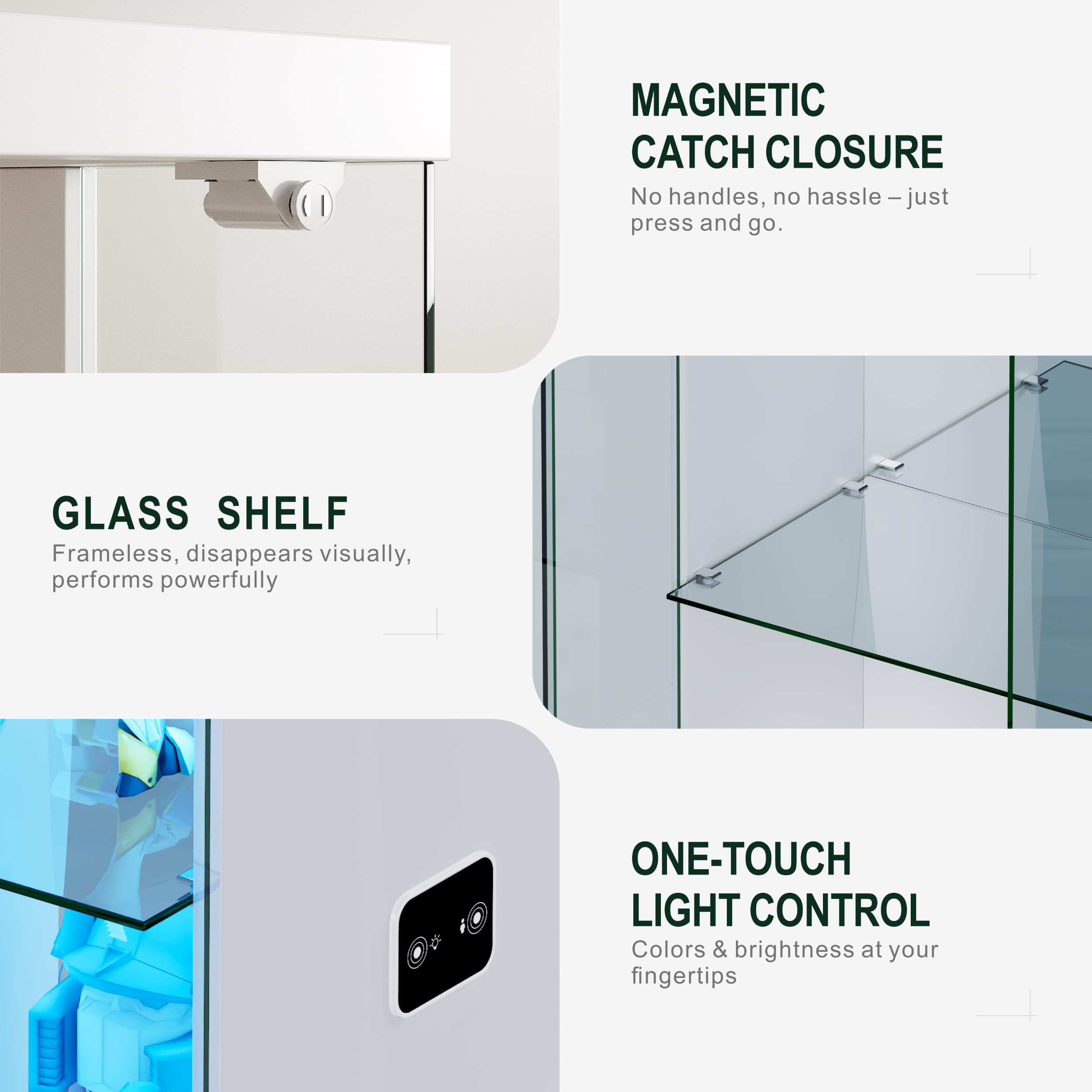 Lvifur Glasvitrine mit LED Beleuchtung und Schubladen,Vertikale Vitrine mit Intelligente Sensorik,Glas Holz Vitrinenschrank 3-Lagen Sammlervitrine für Sammlerstücke,Wein,Wohnzimmer,Schlafzimmer
