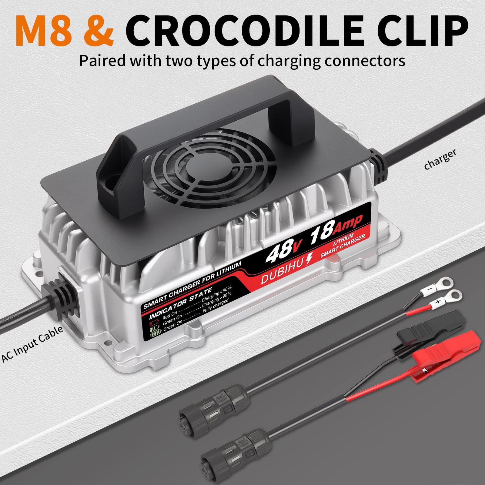 DUBIHU 58.4V 18A Lithium Battery Charger for 48V LiFePO4 Battery, Waterproof Connector with M8 Ring & Alligator Clip, for Golf Carts, RVs, 48V Trolling Motors