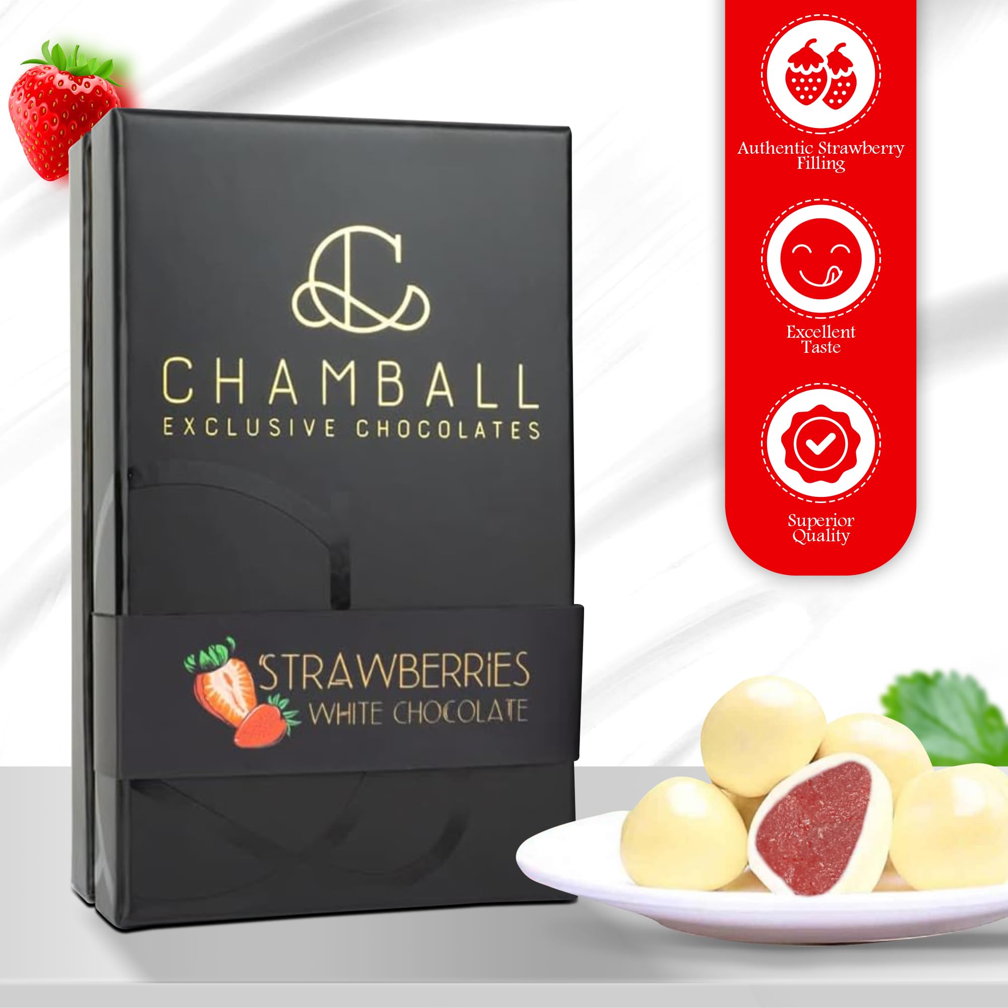 CHAMBALL Bombones Belgas de Fresa Bañados en Chocolate Blanco Belga, Bombones a Granel, inlcluida la Caja bombones para Regalar, Perfecta para dias de Festivos, Cumpleaños, o con un Champagne