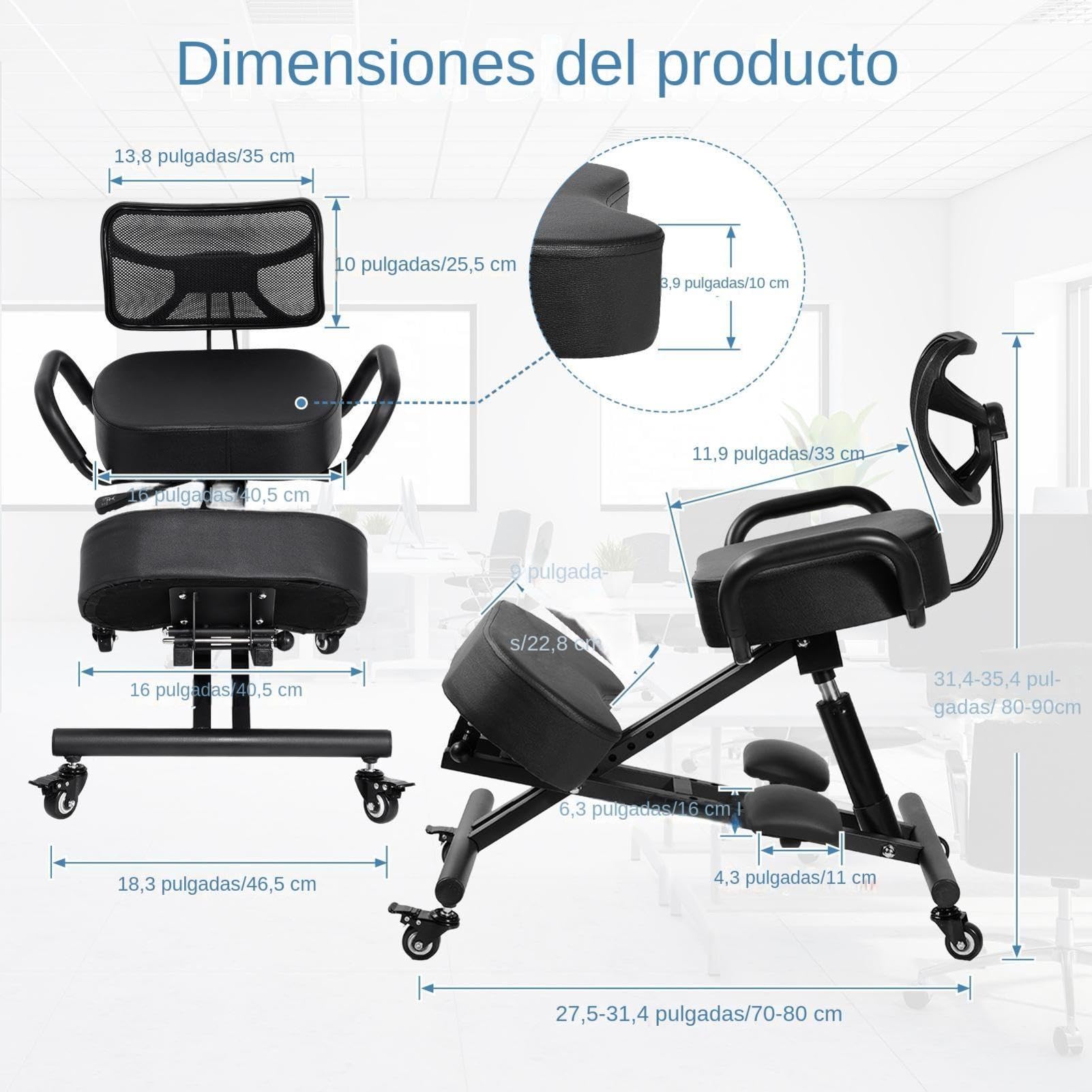 Silla ergonómica de rodillas con respaldo y reposapiés, Altura Ajustable, Cojines Gruesos, Ruedas con Bloqueo para Oficina en casa, Taburete Corrector de Postura para aliviar el Dolor de Espalda.