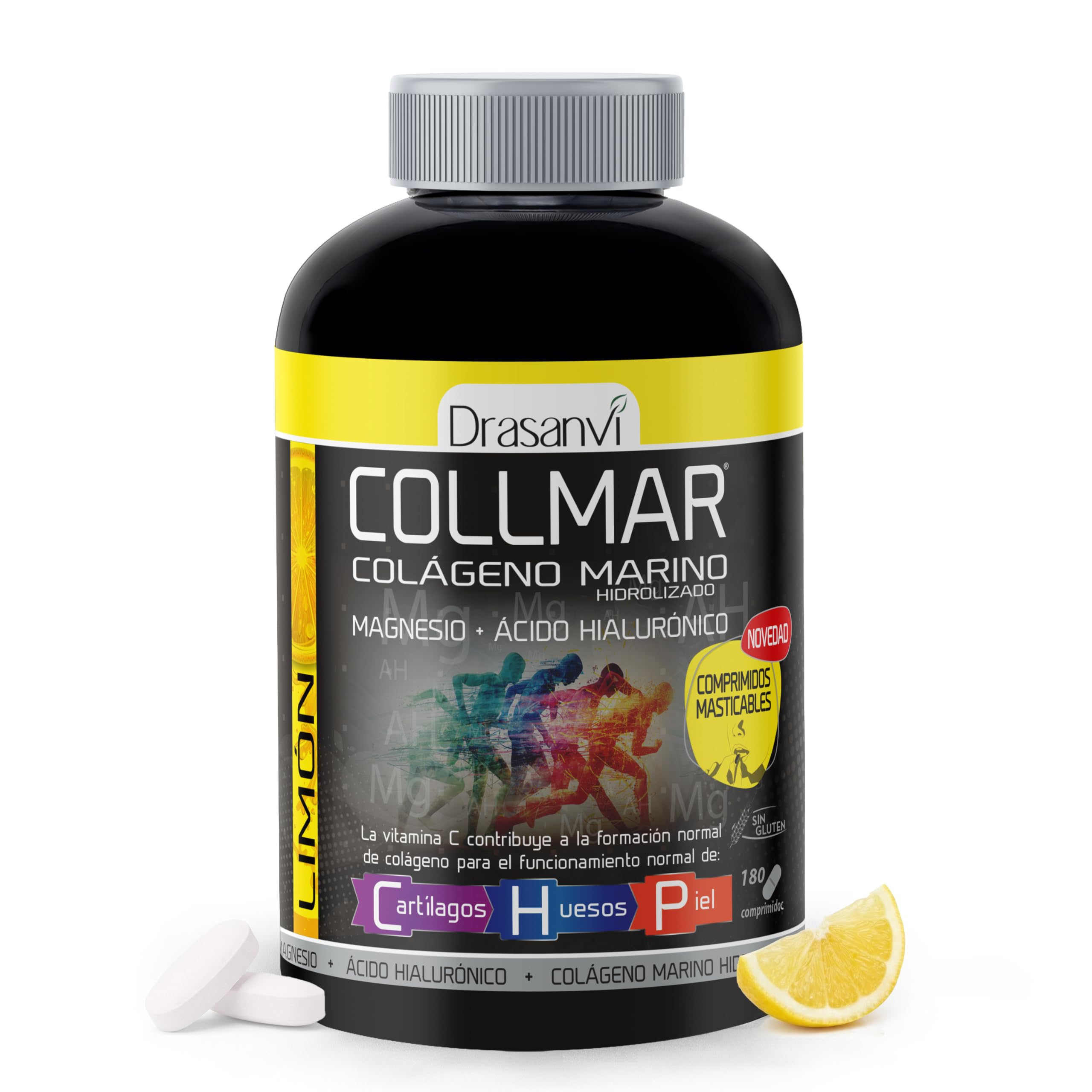 DRASANVI COLLMAR COMPRIMIDOS MASTICABLES - COLÁGENO Marino + Magnesio + Vitamina C + Ácido hialurónico - Sabor LIMÓN - 180 comprimidos