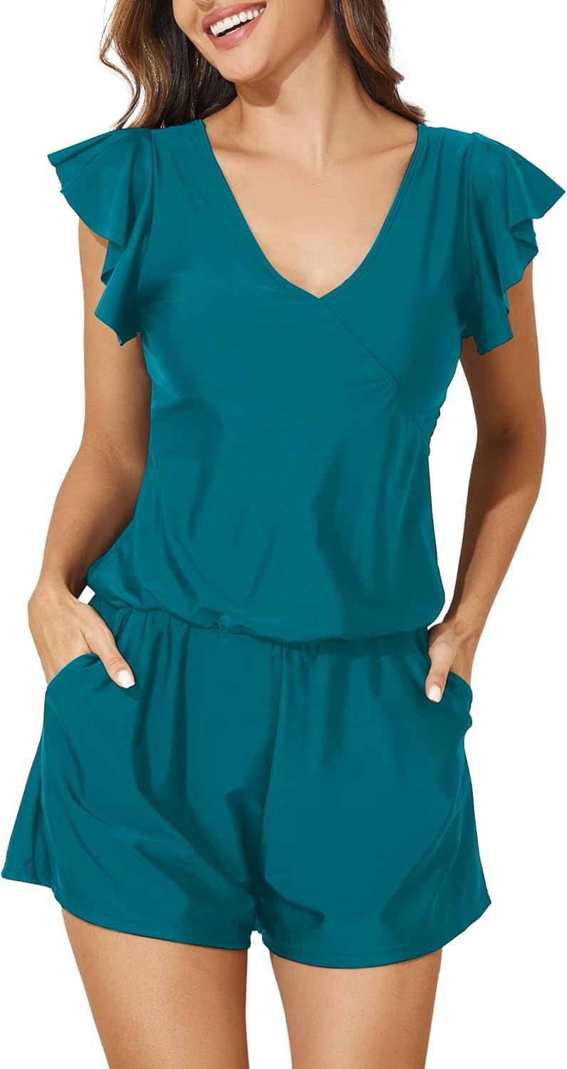 Smismivo Swim Romper with Built in Bra and Pockets Swim Dress Modest One Piece Swimsuit Full Coverage Bathing Suit