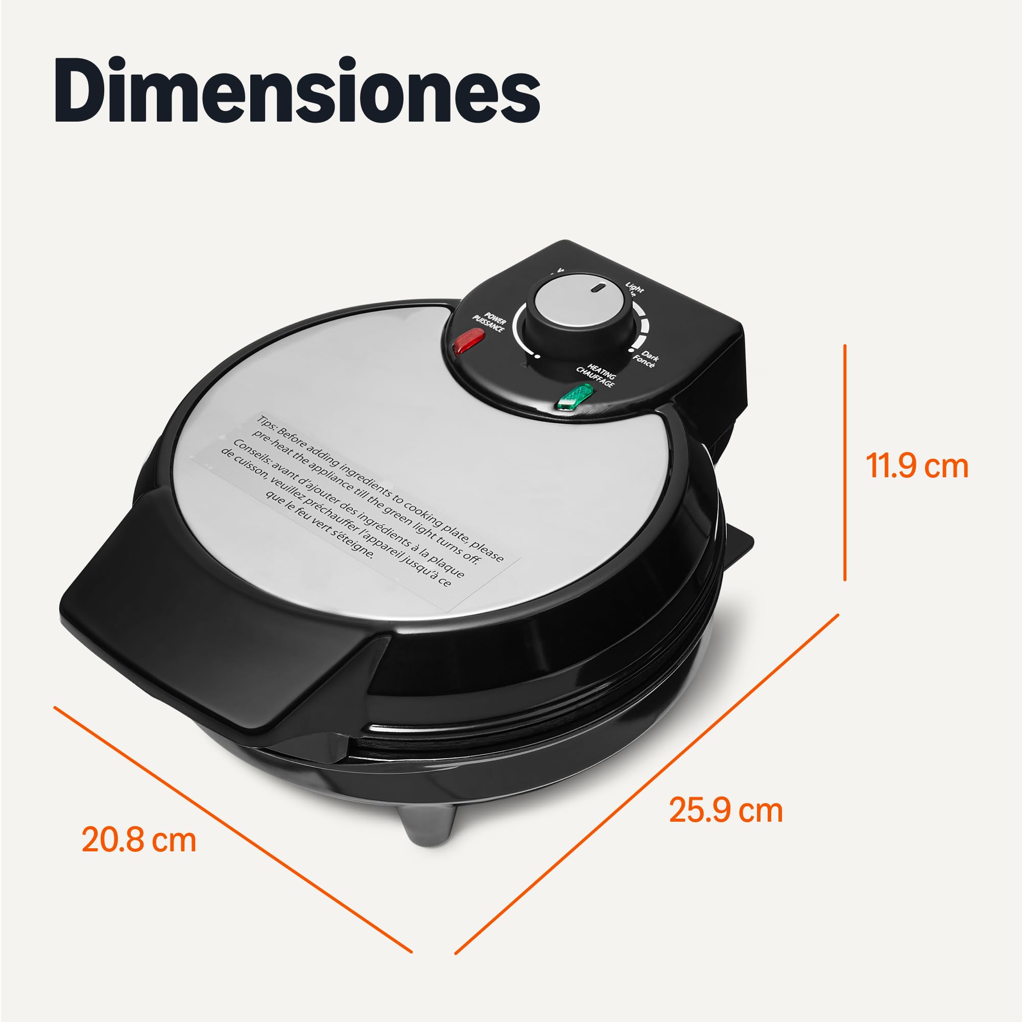 Amazon Basics Máquina para Hacer Gofres con Placa Redonda Antiadherente de Cerámica de 20cm, Control de Dorado, Negro