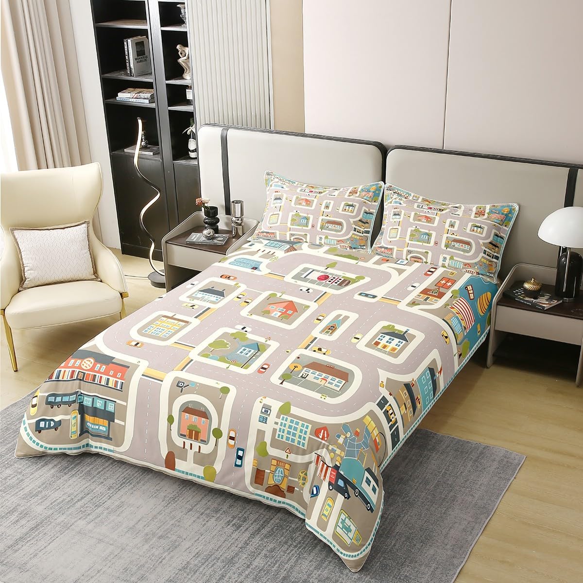 Cartoon Town Map Duvet Cover Road Traffic Themed Bedding Set for Kids Teens Room Decor House Building Comforter Cover Colorful Transport Quilt Cover Twin Size,1 Pillowcase(Not Comforter)