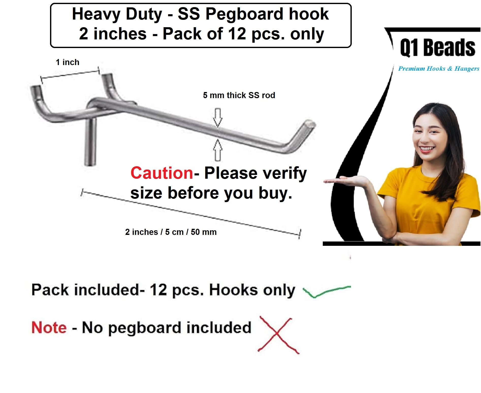 Q1 Beads 12 Pack 2" Heavy Duty Peg Hooks for 1� Spaced Pegboards, Utility Hooks for Wall Organizing in Home or Garage (Chrome, 2 inches, 12 Pcs) (2 inch) — Amazon image 2