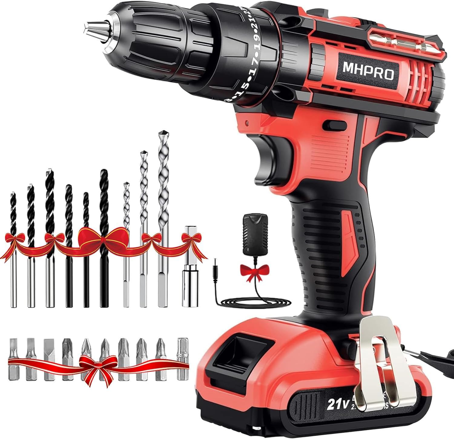MHPRO 21 V Cordless Drill Driver with 2.0Ah Batteries, 42Nm Electric Screwdriver, 25+3 Pairs, 2 Speeds, 23CS Accessories, LED Light for Home Project