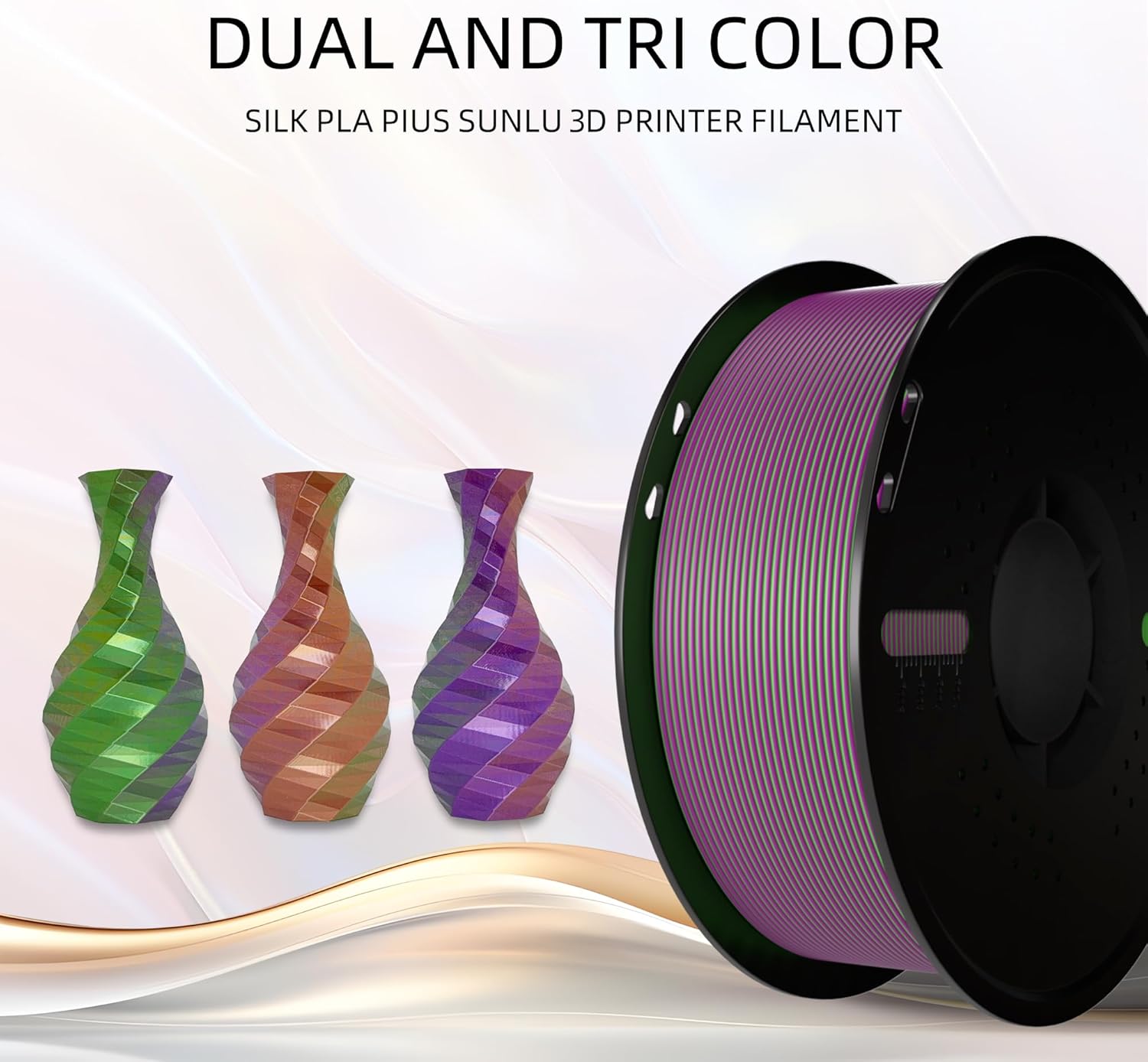1.75mm Tricolor PLA 3D Printer Filament(SilkGreenPurpleCopper), Iridescent Effect, 3D Silk Rainbow Filament Changes Color with Viewing Angle, Dimensional Accuracy +/-0.02mm, 2.2lbs/Spool