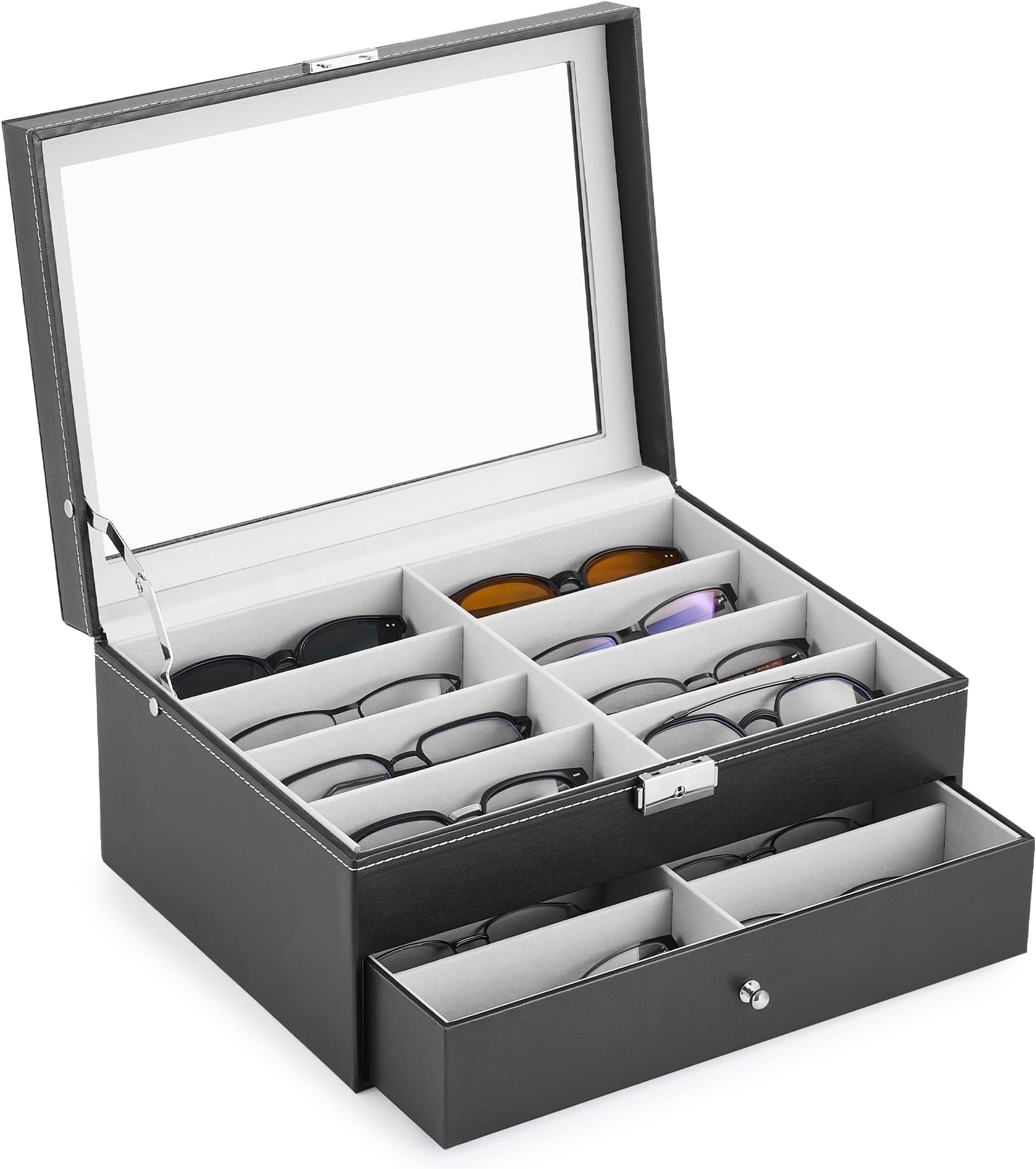 Sunglasses Organizer, Leather Eyeglasses Storage Box for Women Men, Lockable Sunglass Display Case Holder with Drawer