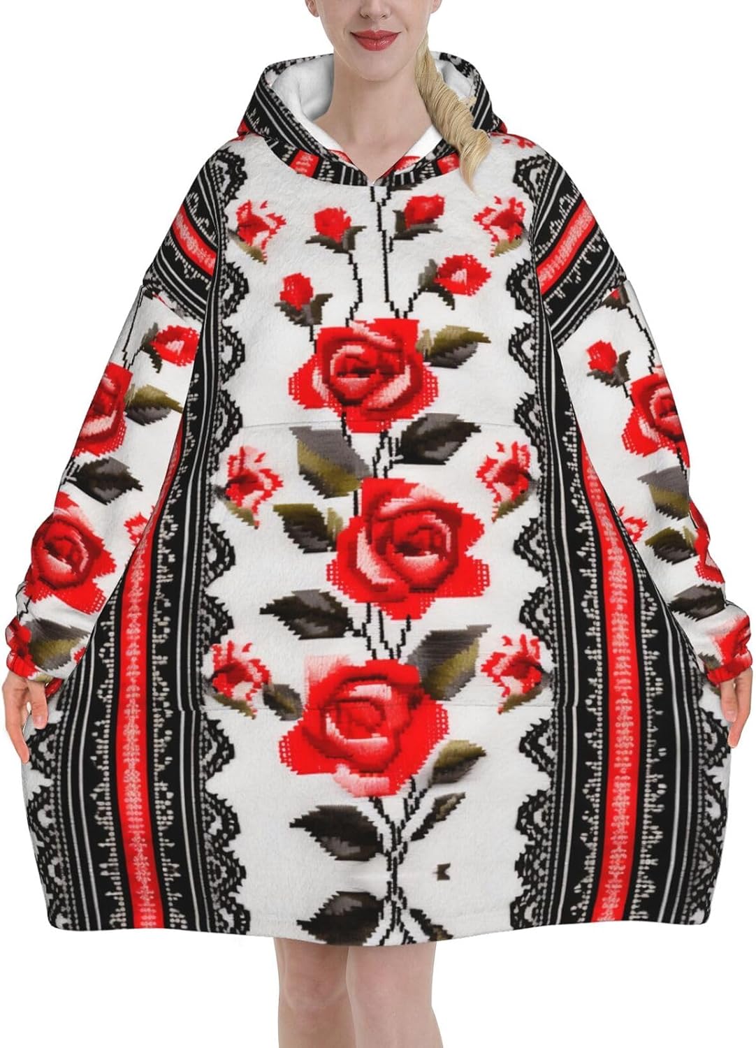 MUSM Ukrainian Embroidery Style Rose Print Blanket Hoodie Fleece Sweatshirt Blanket With Sleeves And Pockets