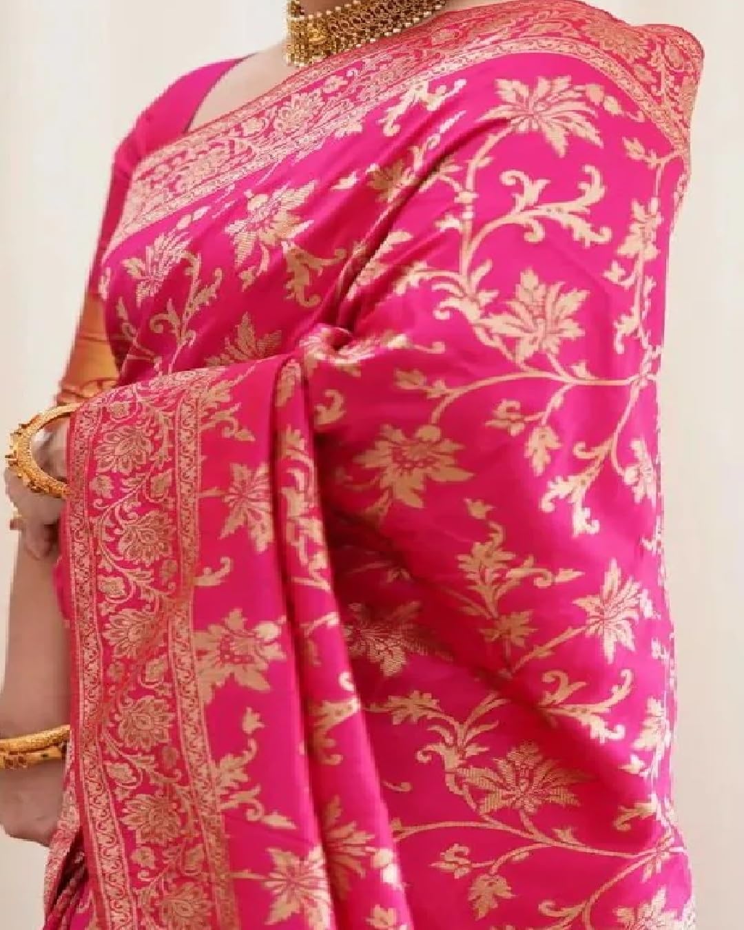 Sugathari Women's Pure Kanjivaram Silk Saree Banarasi Silk Saree With Blouse Piece (SAM PARI S-7) (Hot Pink) - Image 3 thumbnail