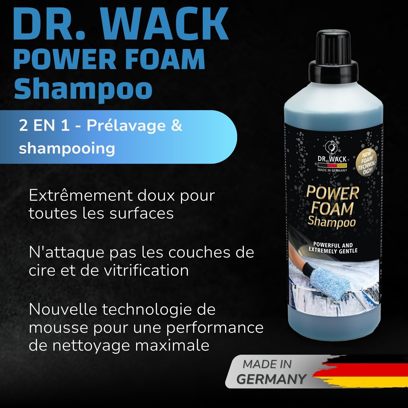 DR. WACK - Power Foam Shampoo 1 L - Shampoing auto prélavage & nettoyage à la main - Mousse nettoyante puissante & douce - Pour tous types de peinture - Entretien premium