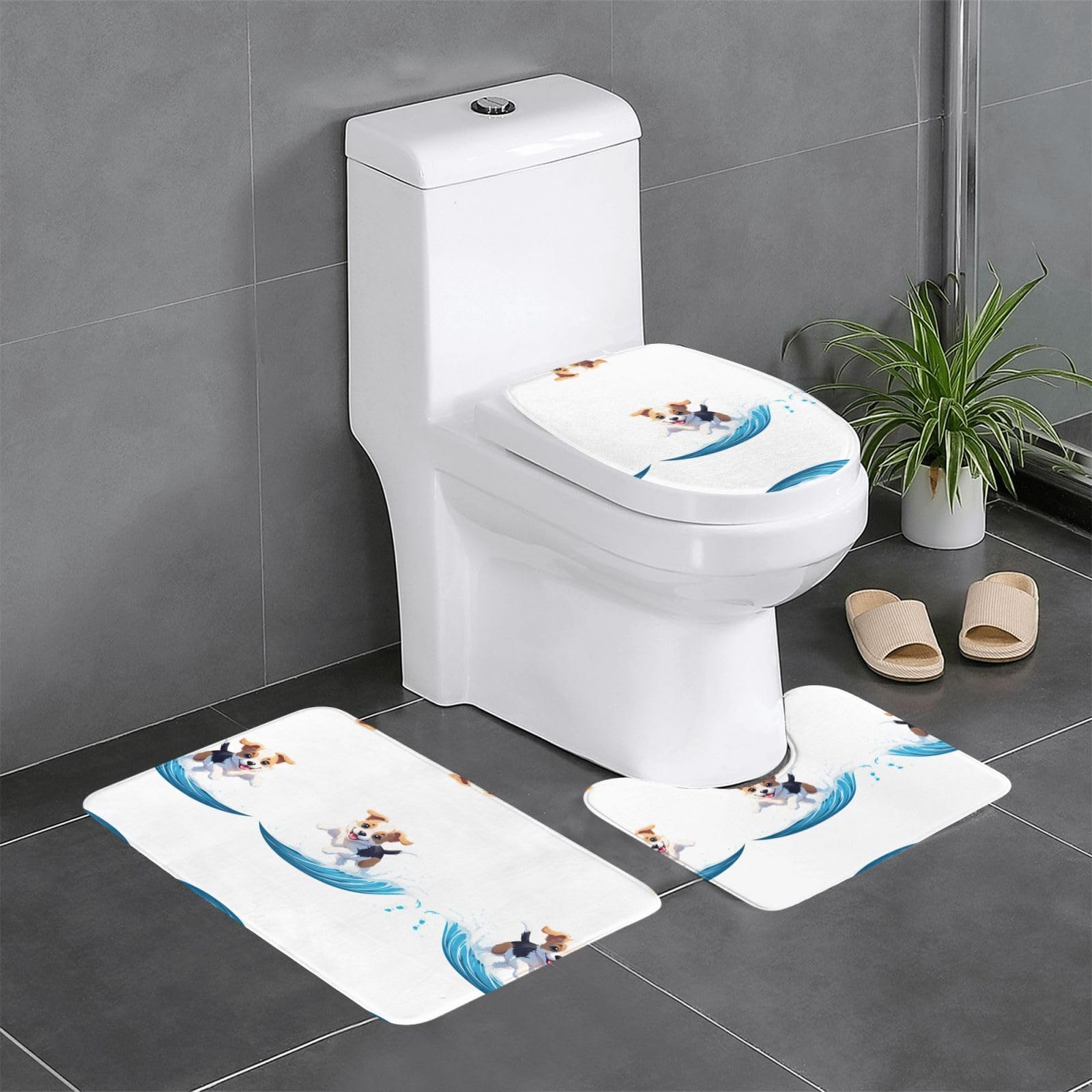 Tapis de salle de bain pour wc et coiffeuse décor chiot et vagues marines