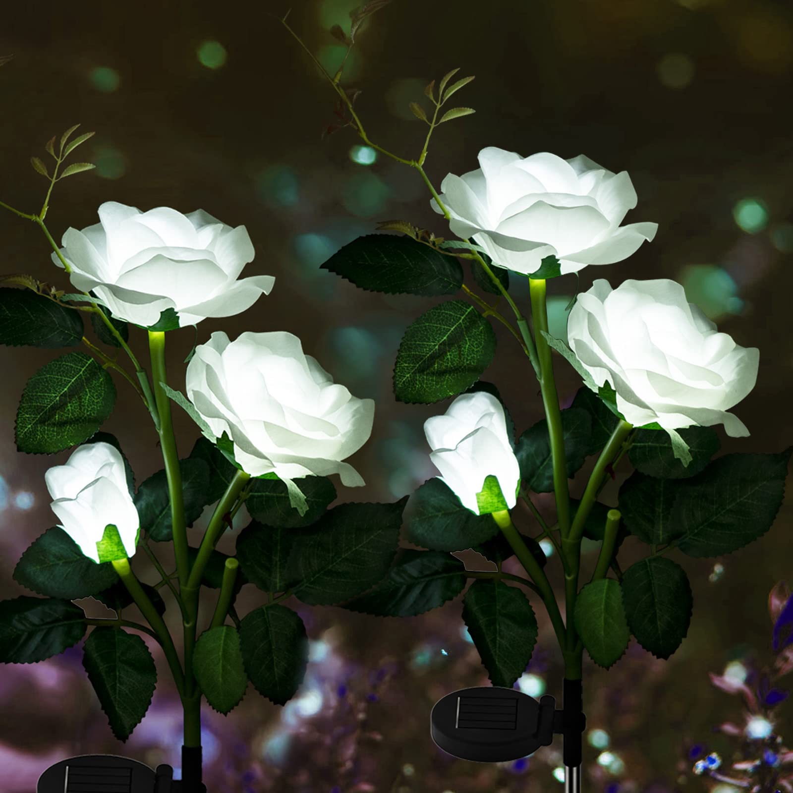 Solar Garden Lights Decorative Waterproof Solar Lights Outdoor, Wihte Rose Lights for Yard,Garden Decoration, Enlarged Solar Panel, More Realistic Rose Flowers 2 Pack