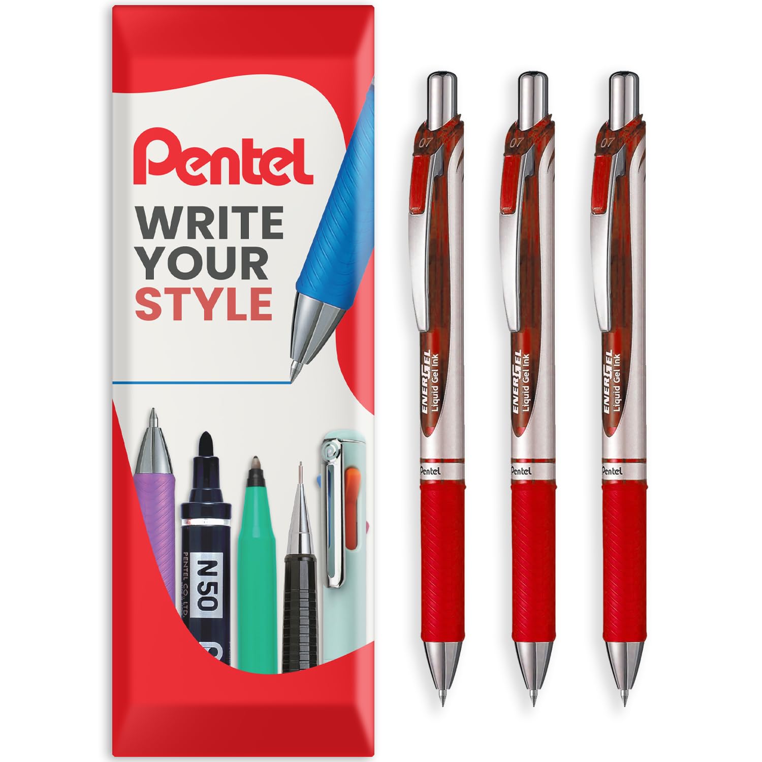 Pentel EnerGel XM BL77 - Retractable Liquid Gel Ink Pen - 0.7mm - 54% Recycled - In Envelope Gift Packaging - Pack of 3 - Red
