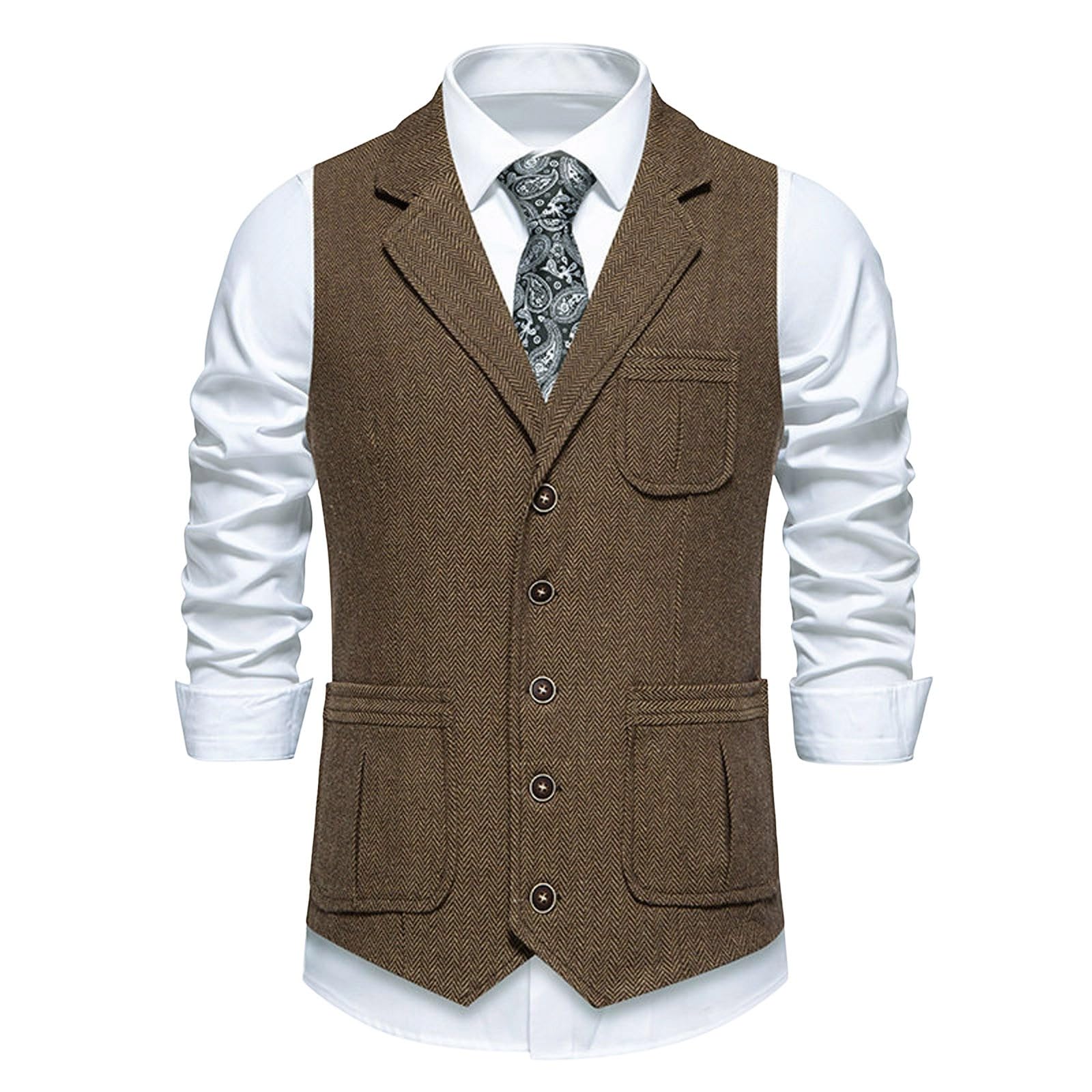 Gilet in tweed da uomo, stile tradizionale, vintage, autunno, classico, con scollo a V, senza maniche, trapuntato, tinta unita, slim fit