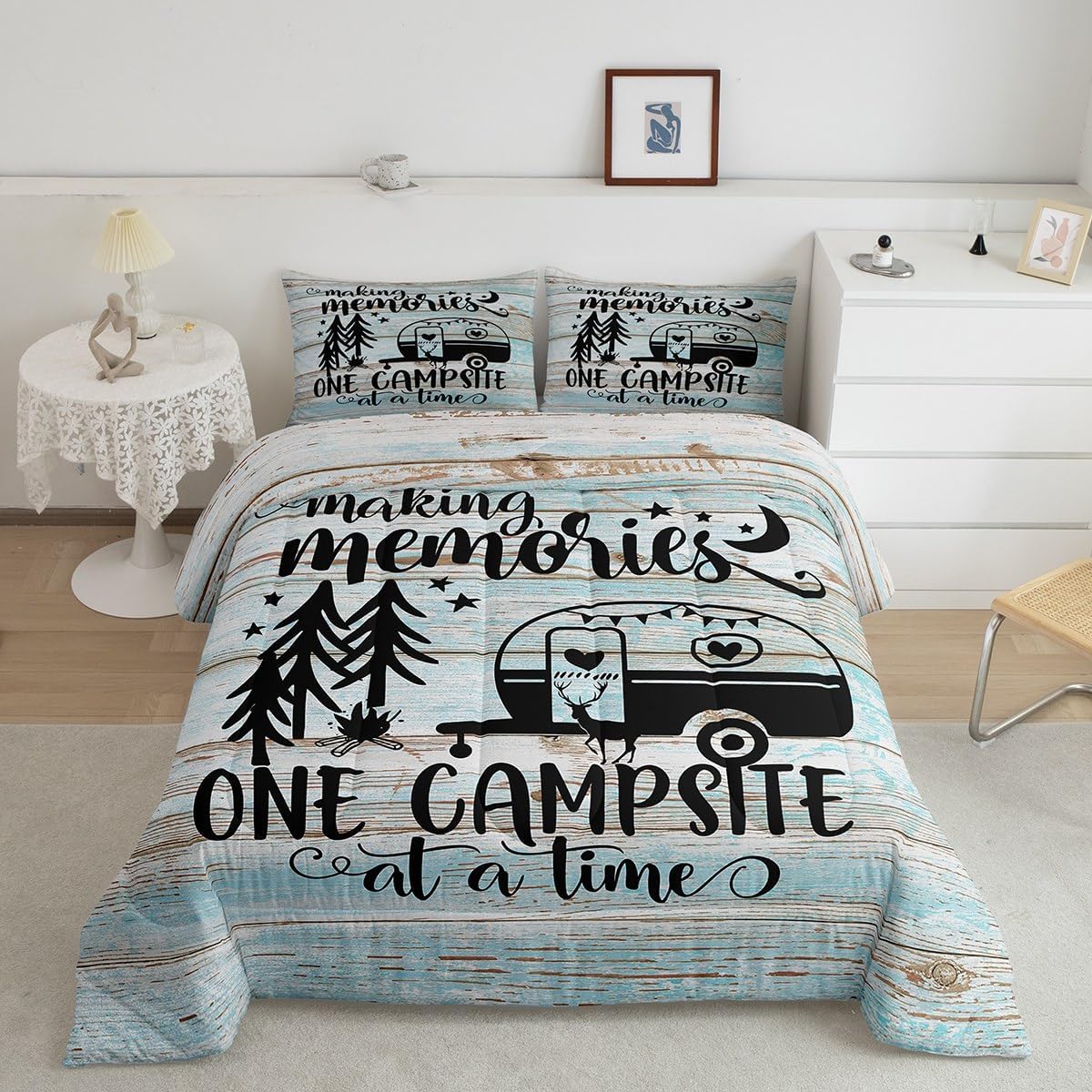 Camper Bedding Cabin Decor, Happy Camping Comforter Set Rustic Wooden Bedroom Decor For Kids Teens Adults Women, Vintage Barn Door Duvet Insert Country Farmhouse Bedding Comforters, Twin Size