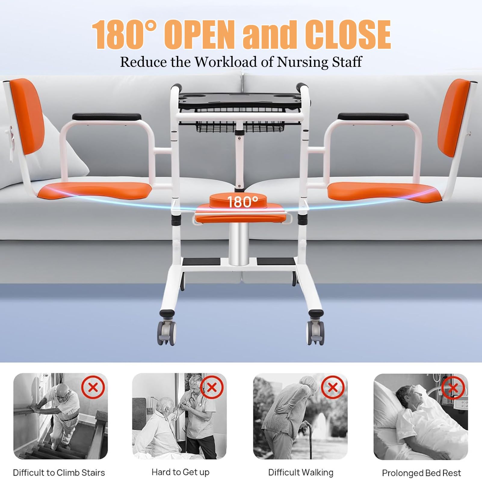 Silla Elevadora De Transferencia Para Pacientes Ancianos Y Discapacitados, 440 lb Silla De Ruedas Auxiliar Con Inodoro, Asiento Abatible 180° Para Traslado Desde La Cama A La Ducha/Inodoro/Sofá Orange