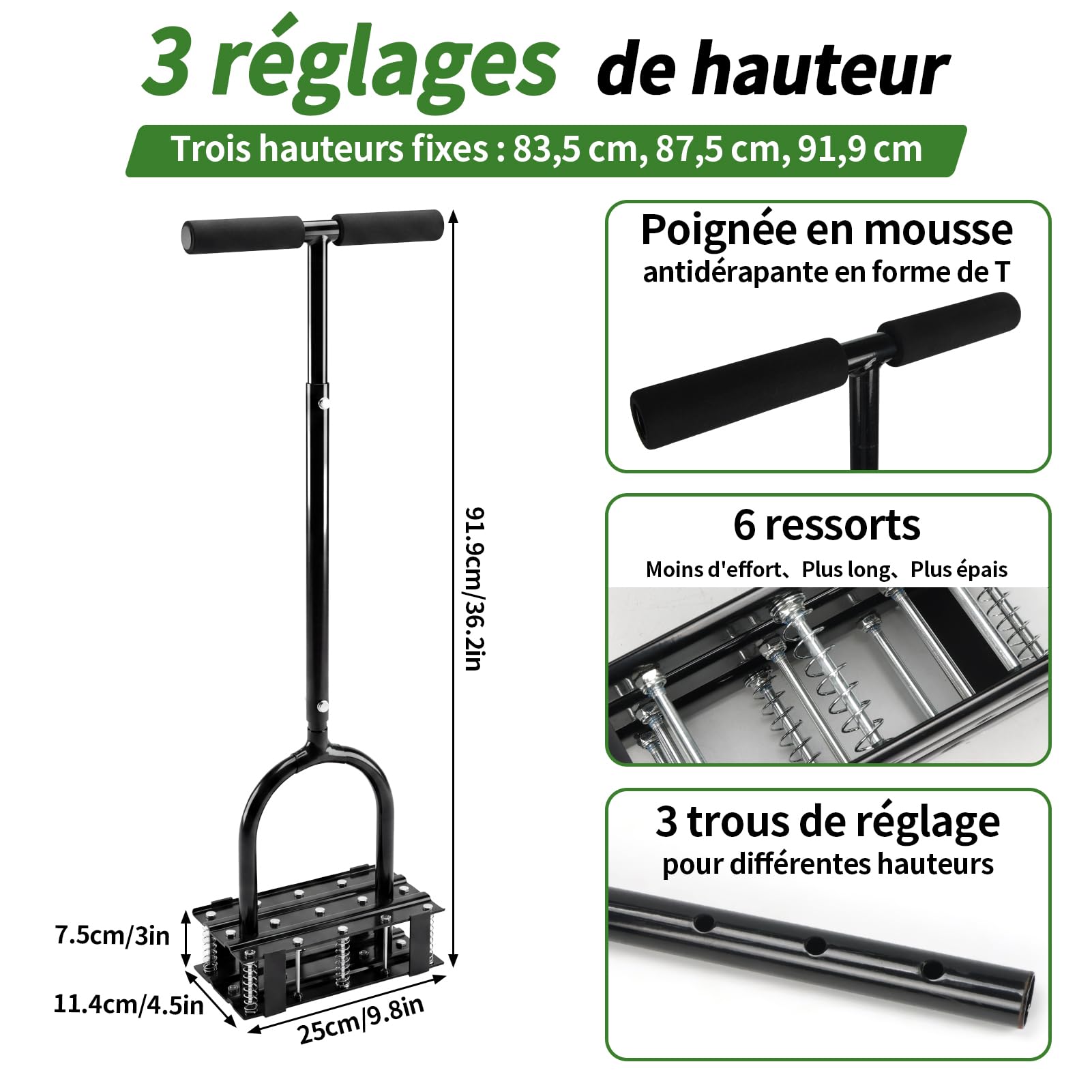 EYMPEU Aérateur de Gazon 15 Pointes Acier, 2-en-1 avec 6 Ressorts, Manuel, 3 hauteurs, pour Petites et Moyennes pelouses.